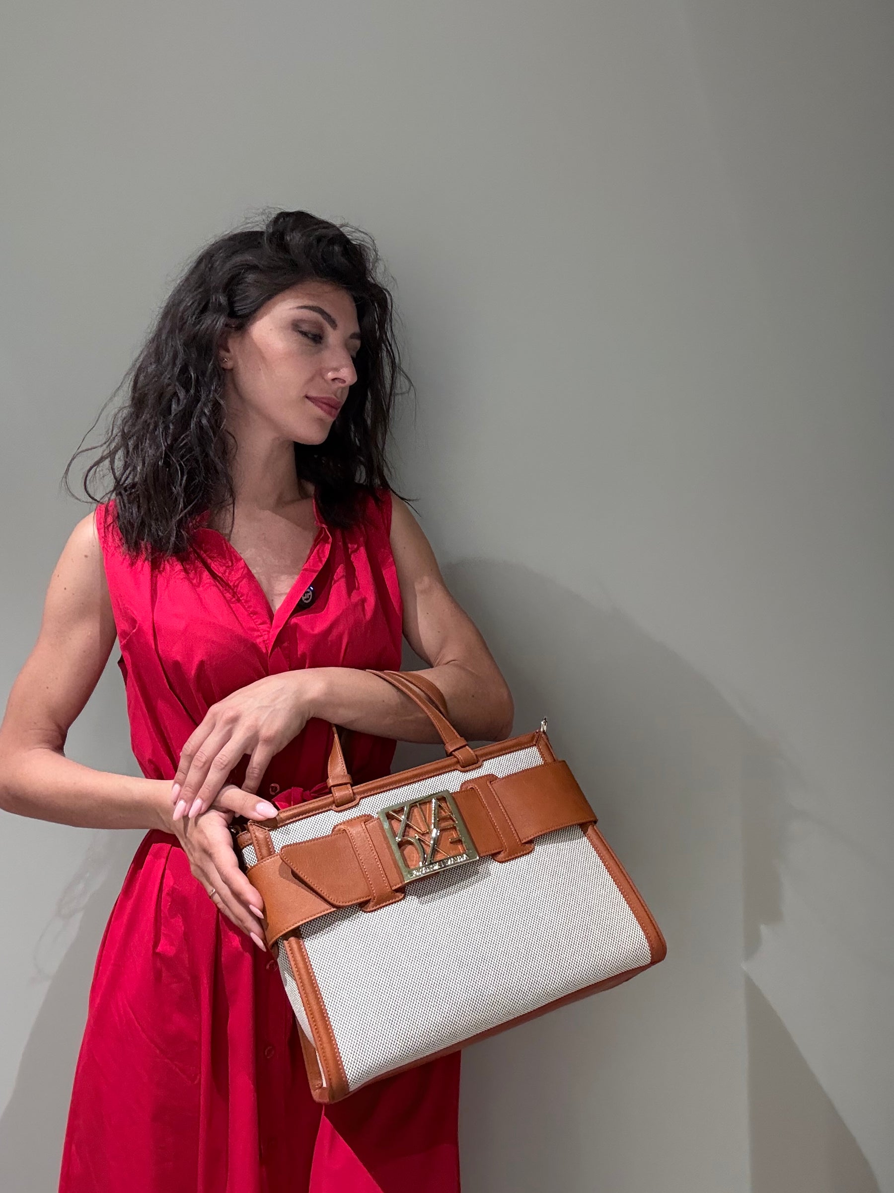 ARMANI Borsa cammello e canvas
