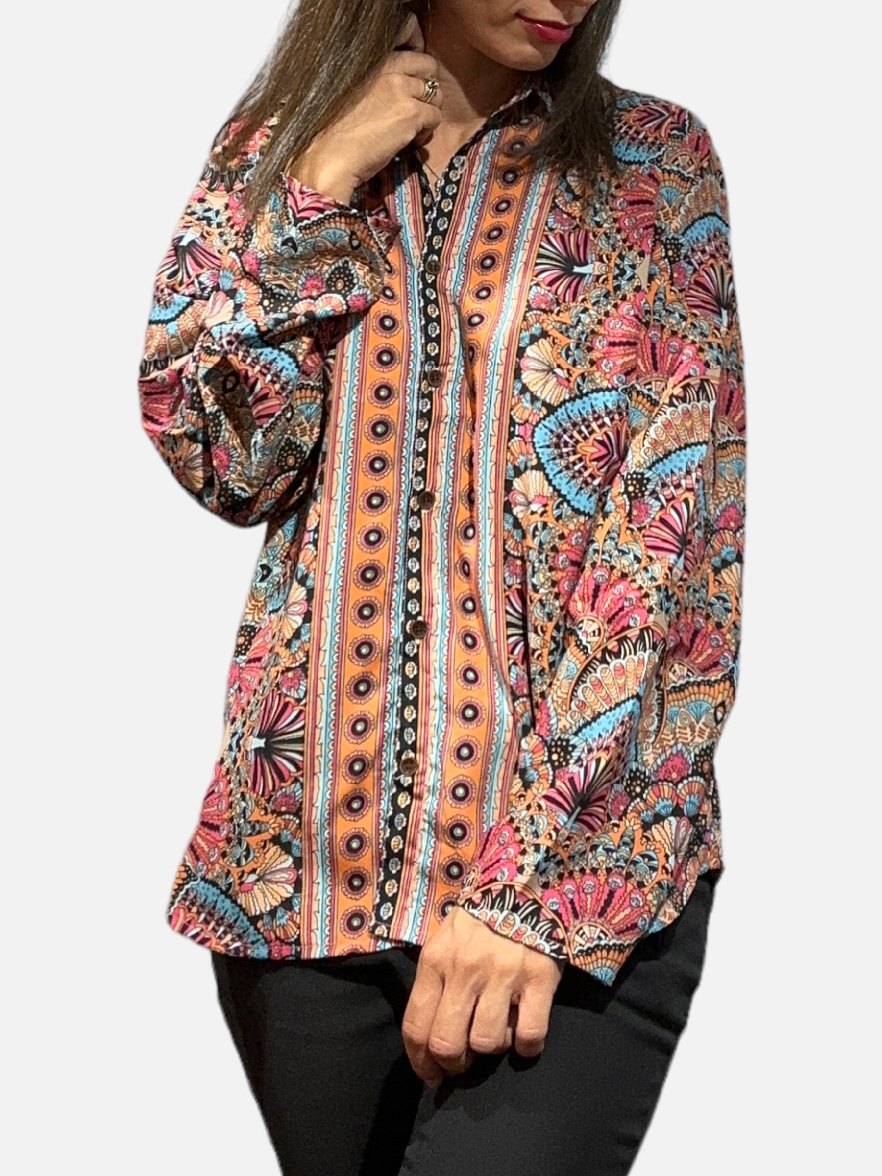 Camicia seta Nera arancio azzurra