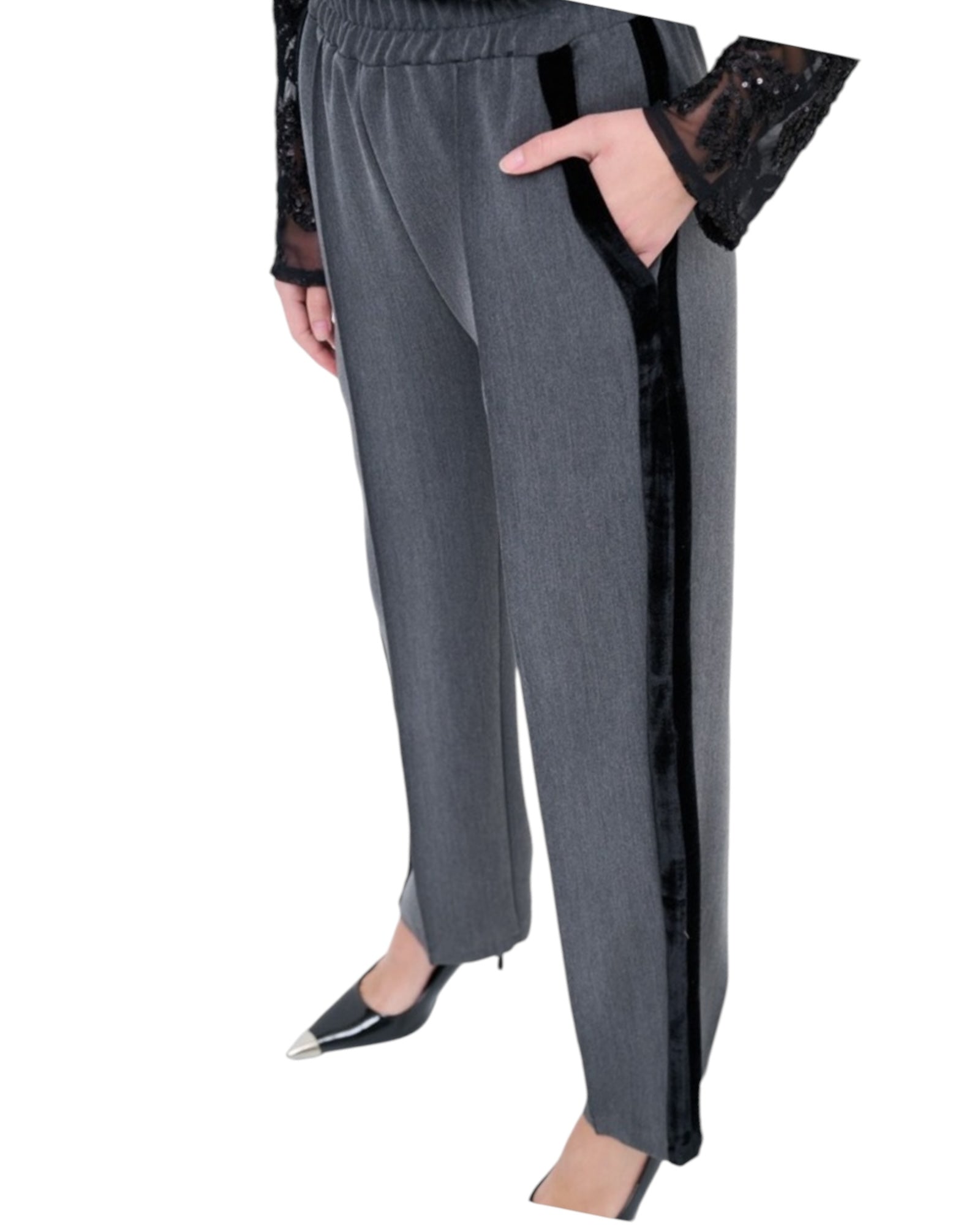 Pantaloni grigi palazzo banda nera velluto