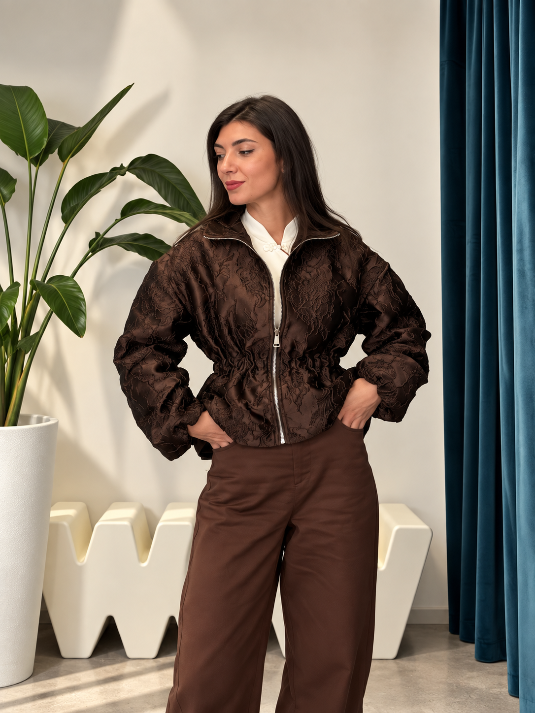 Giacca Jacquard broccata marrone