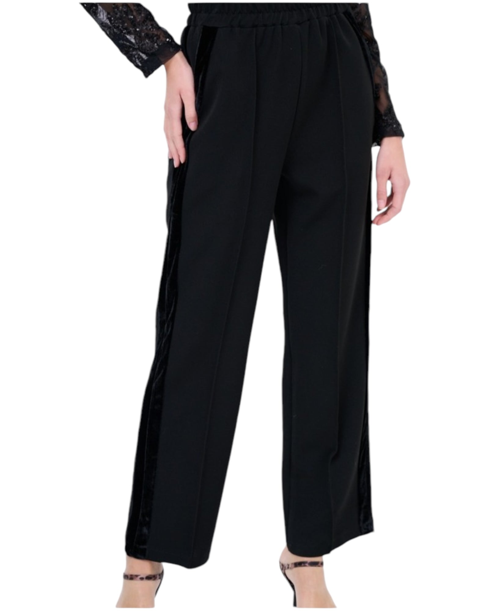 Pantaloni nero palazzo banda nera velluto