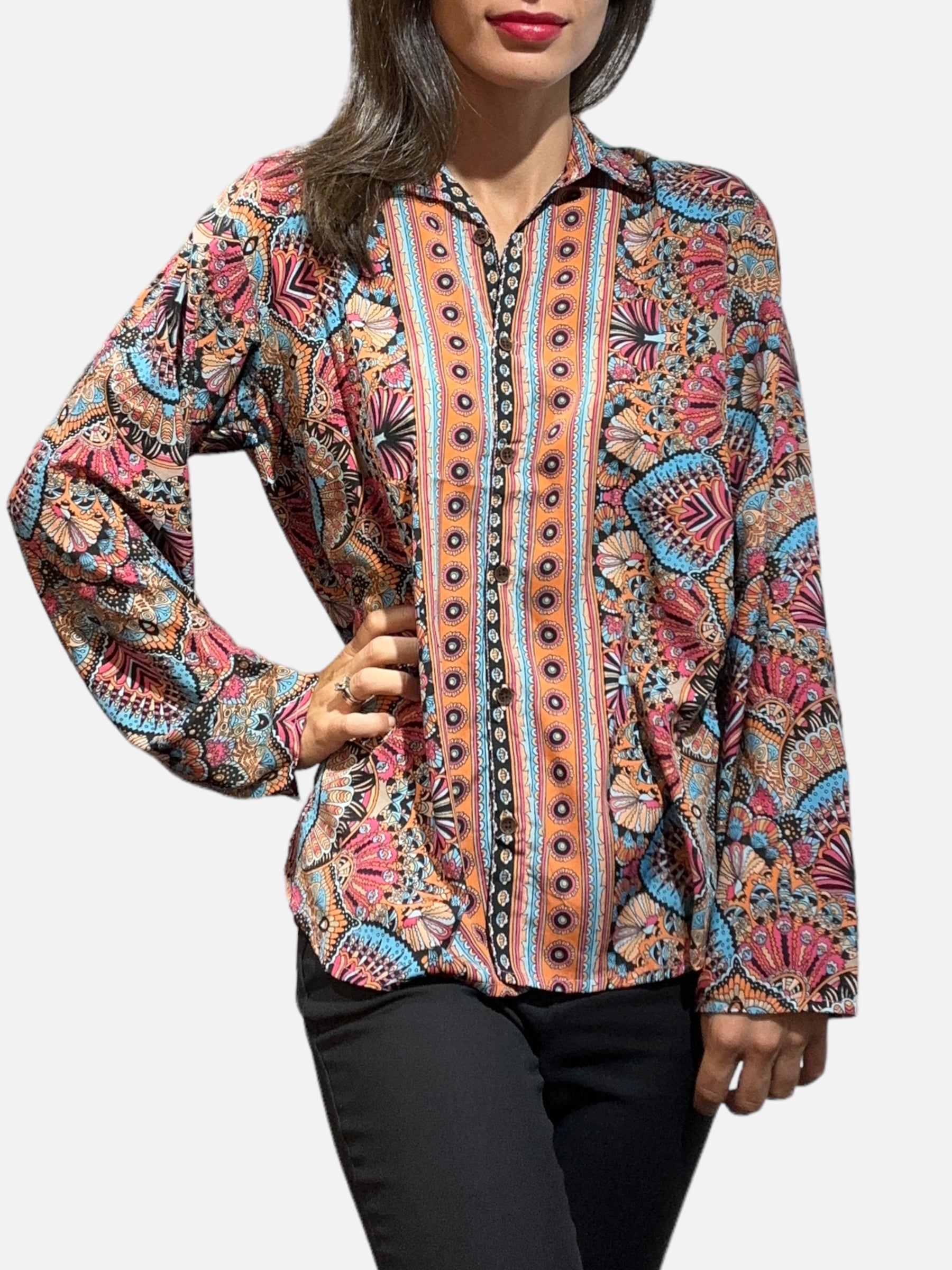Camicia seta Nera arancio azzurra