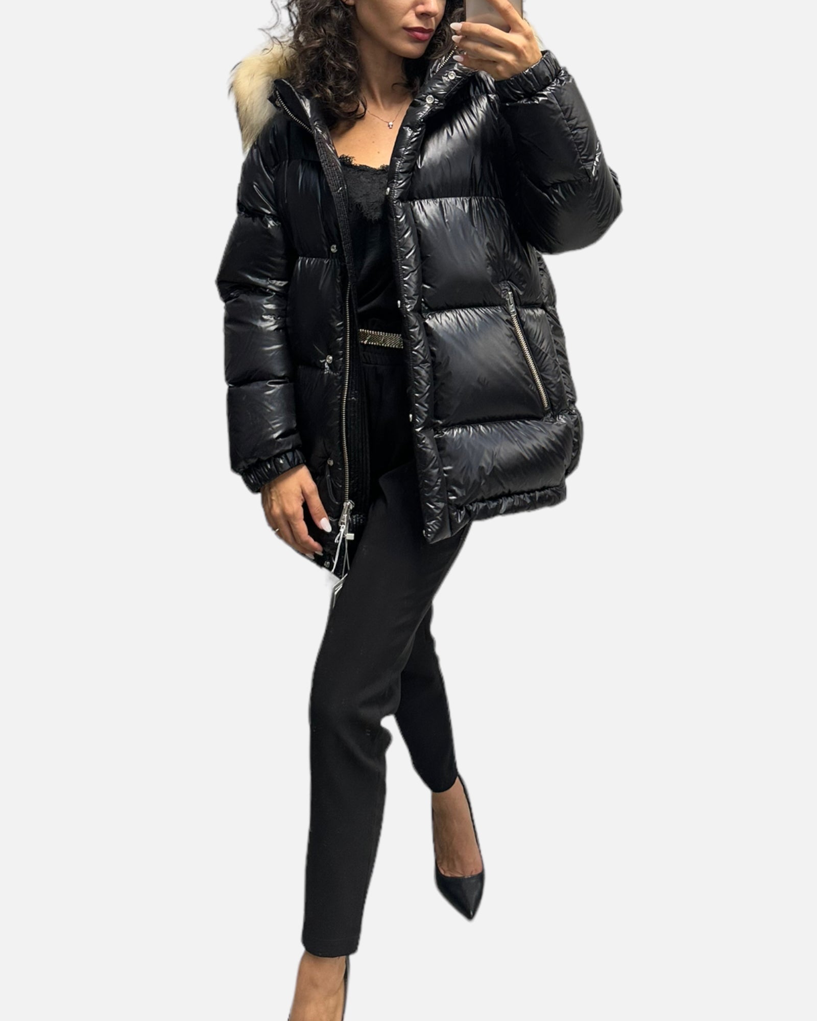 WOOLRICH Piumino nero cappuccio pelliccia
