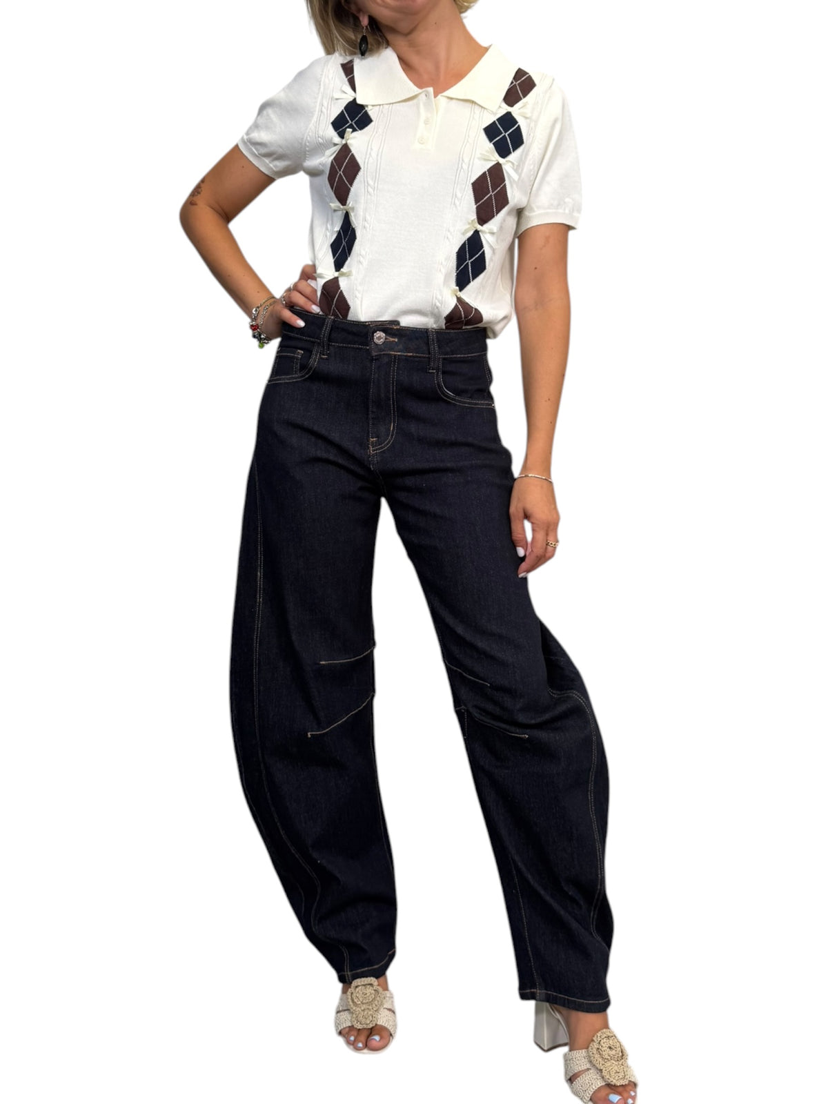 Jeans balloon blu scuro cuciture cammello