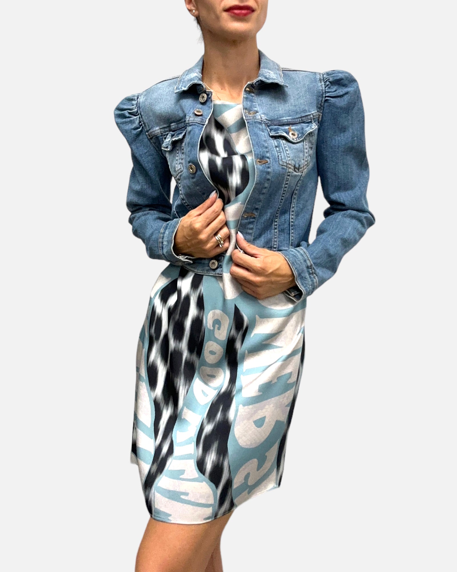 JUST CAVALLI abito dusty blue e animalier