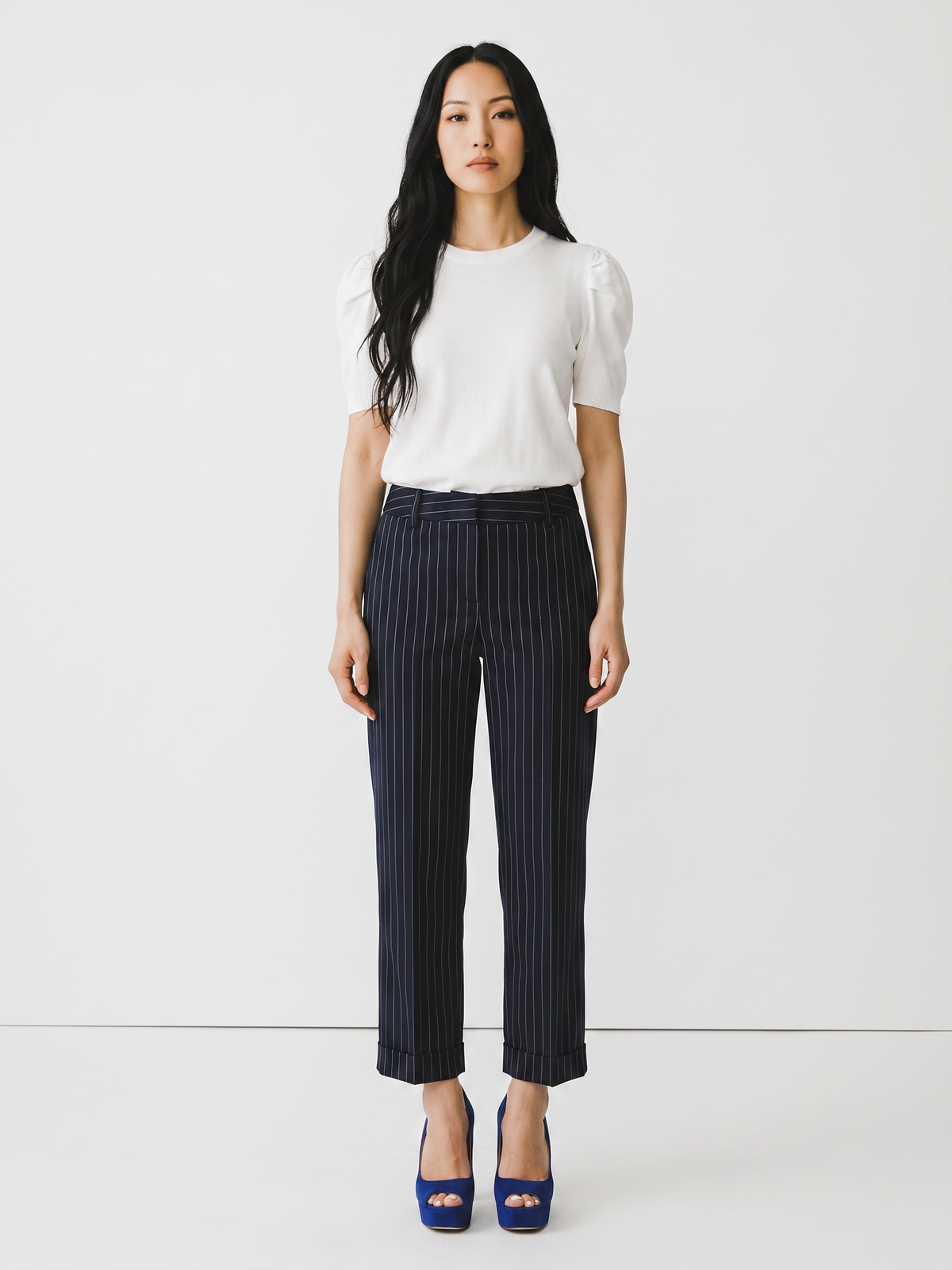 Pantalone crop blu dritto gessato