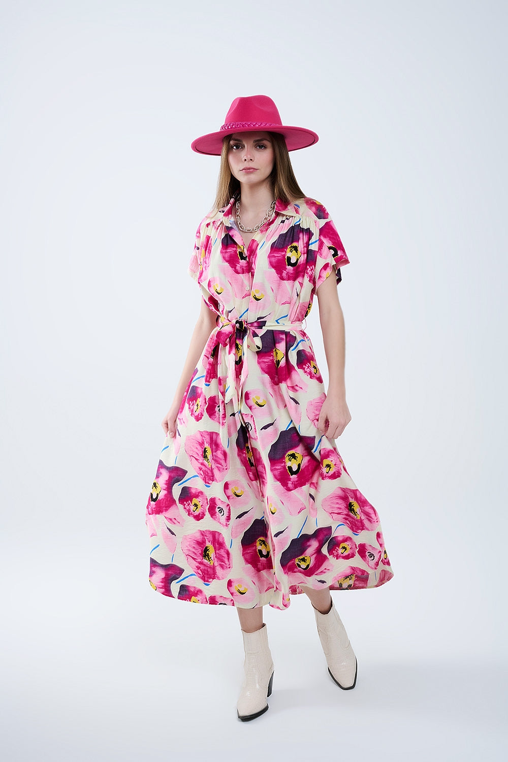 Abito camicia con stampa floreale e bottoni in fucsia