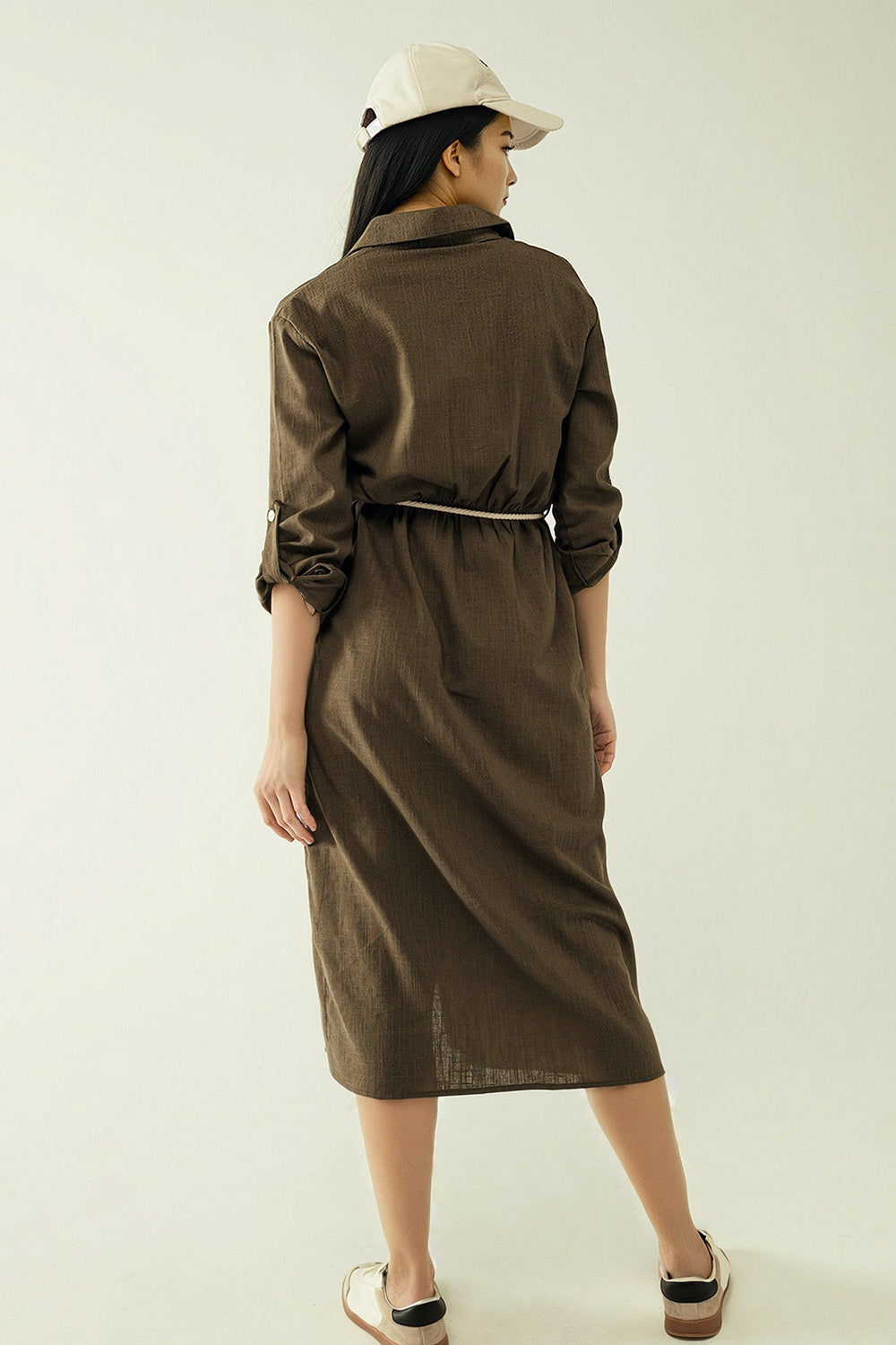 Abito camicia Khaki a maniche lunghe con chiusura a bottoni