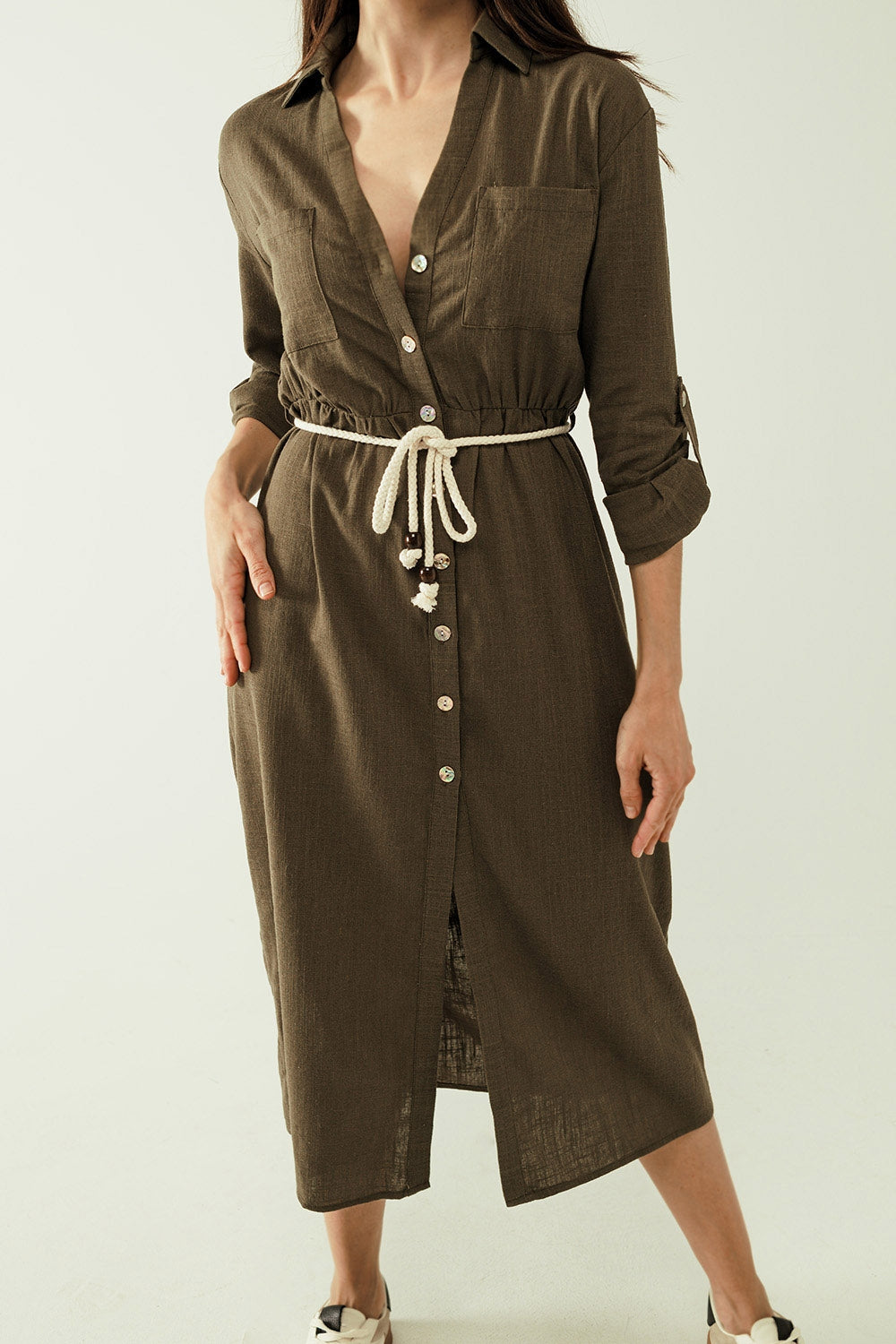 Abito camicia Khaki a maniche lunghe con chiusura a bottoni