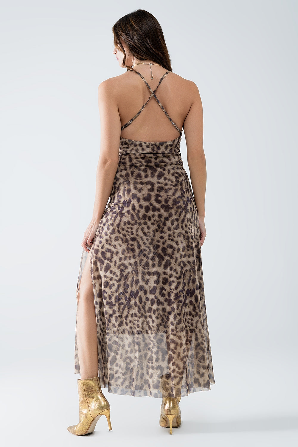Abito con spalline leopardate in tessuto a rete