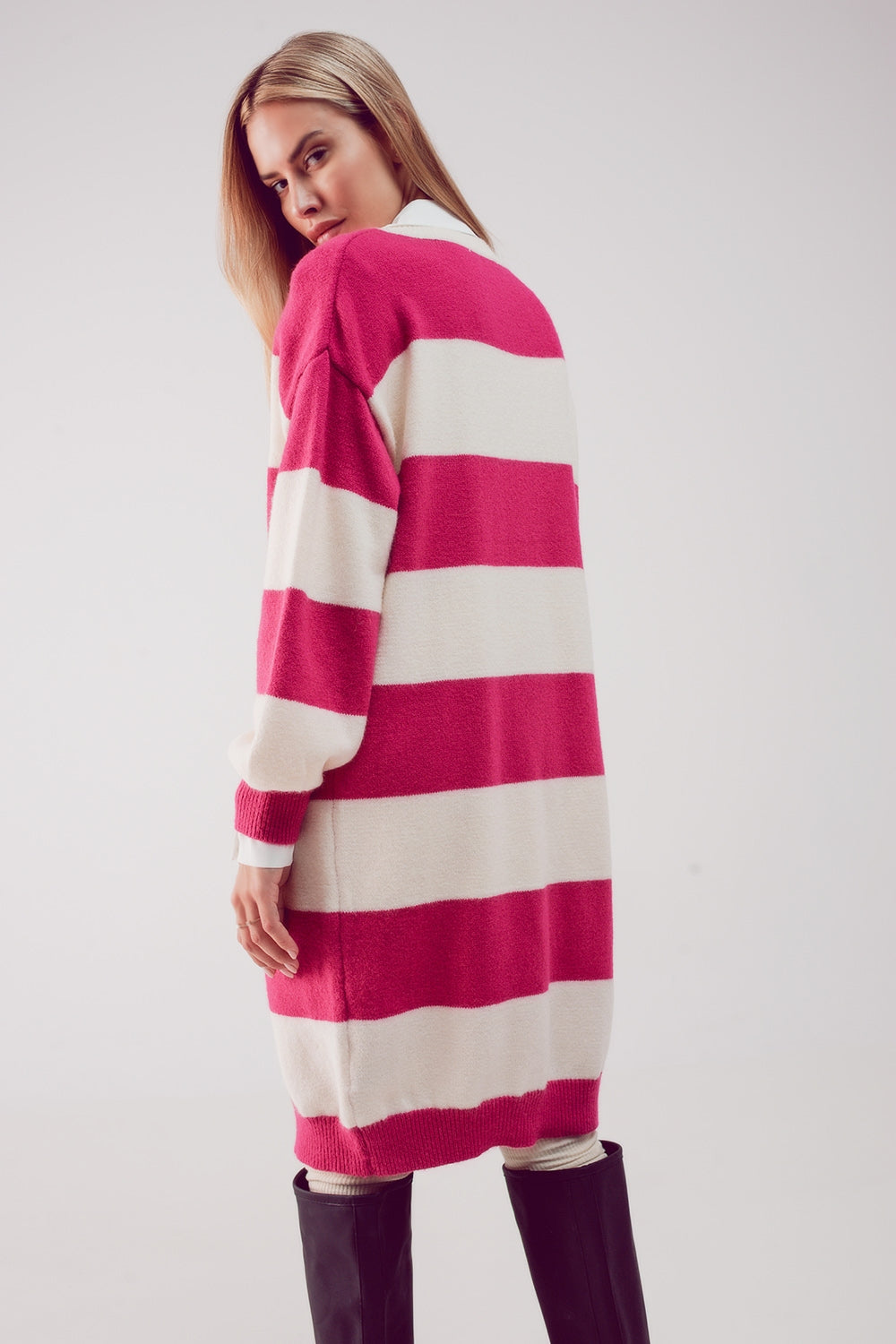 Abito in maglia a righe crema e fucsia