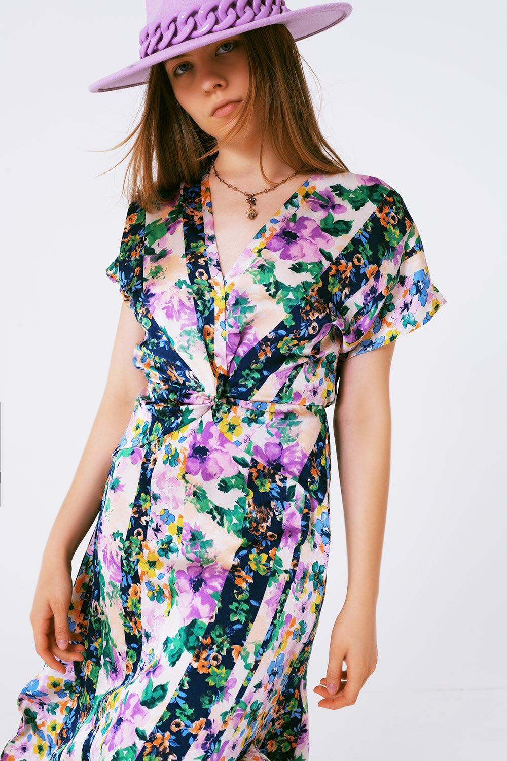 Abito maxi con stampa floreale e nodo sul davanti viola e multicolore verde