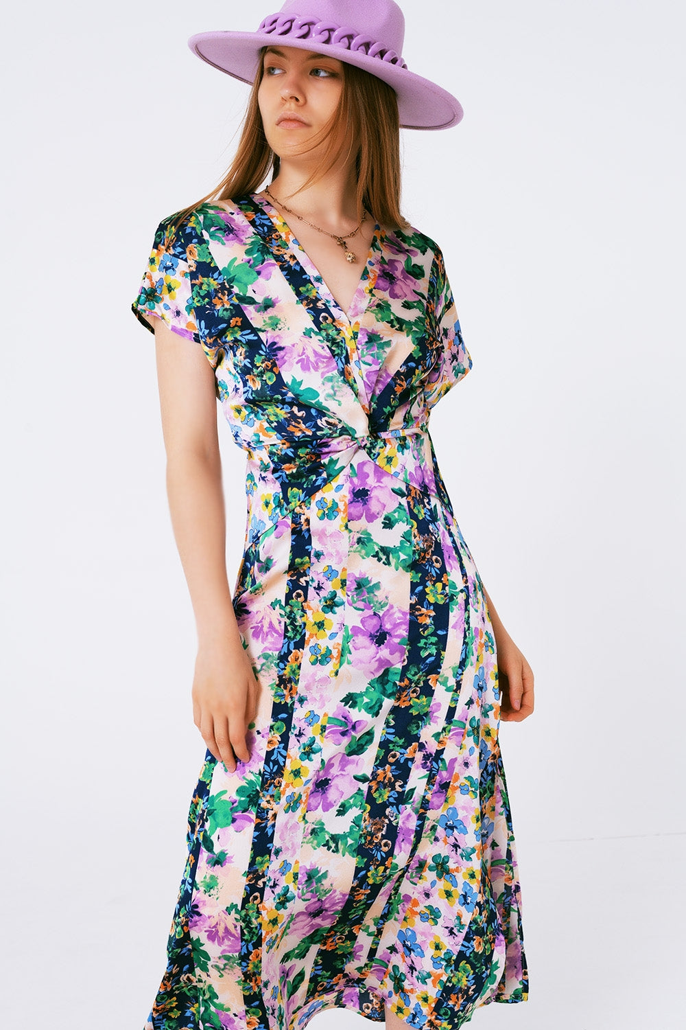 Abito maxi con stampa floreale e nodo sul davanti viola e multicolore verde