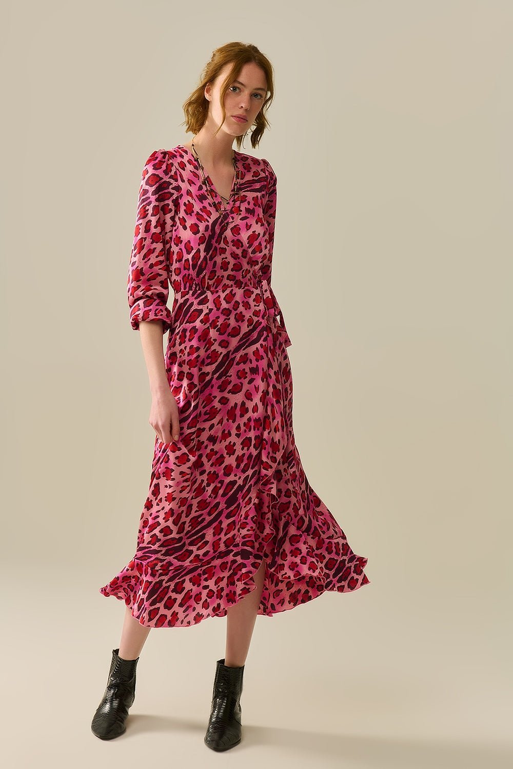 Abito Maxi Wrap in Raso con Stampa Leopardata Fucsia