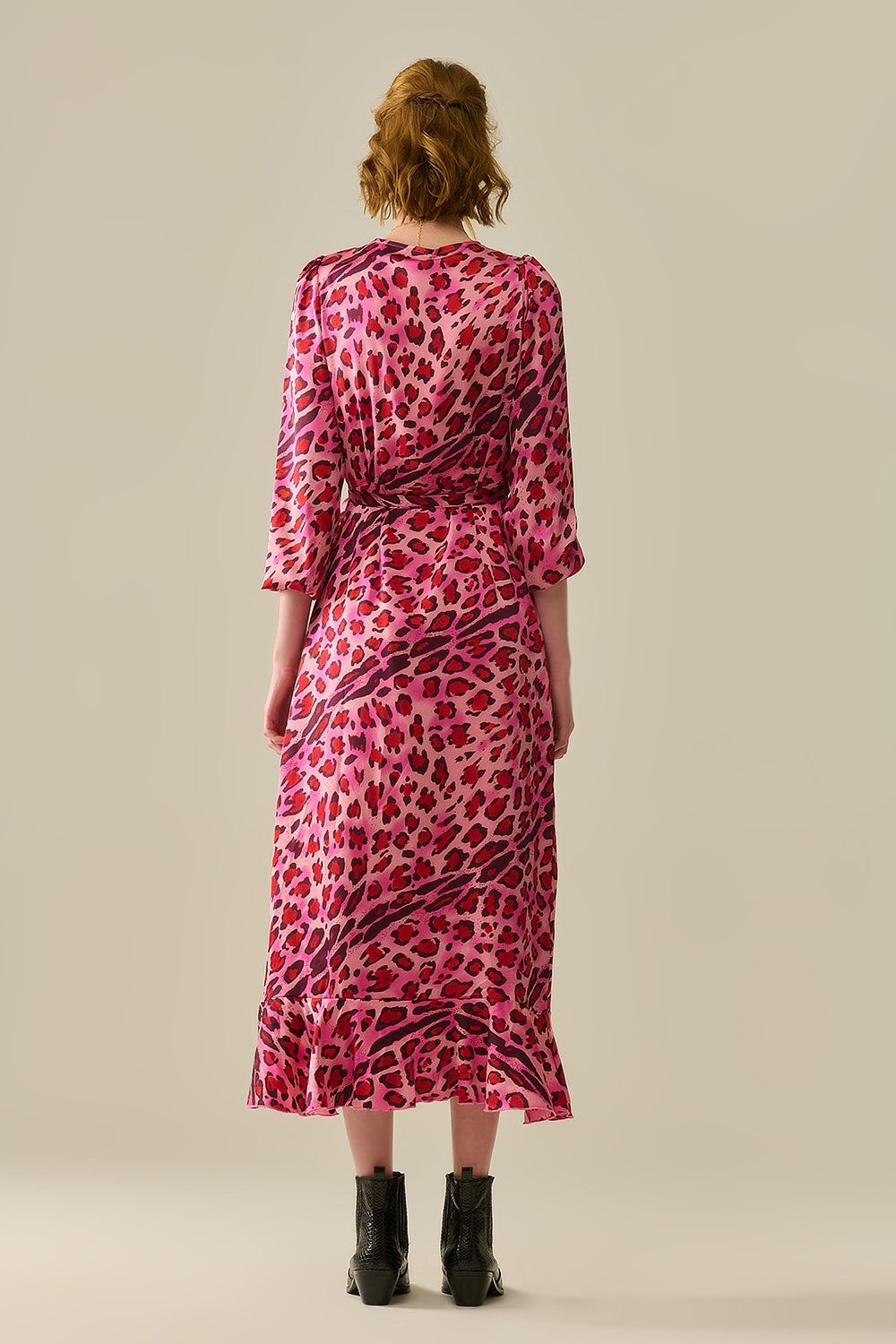 Abito Maxi Wrap in Raso con Stampa Leopardata Fucsia