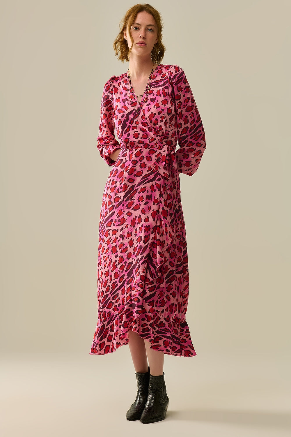 Abito Maxi Wrap in Raso con Stampa Leopardata Fucsia