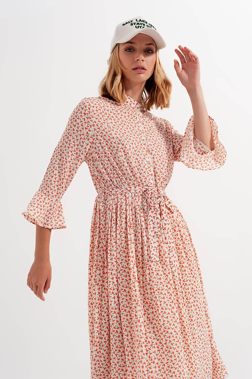 Abito midi con stampa floreale corallo collo alto e bottoni