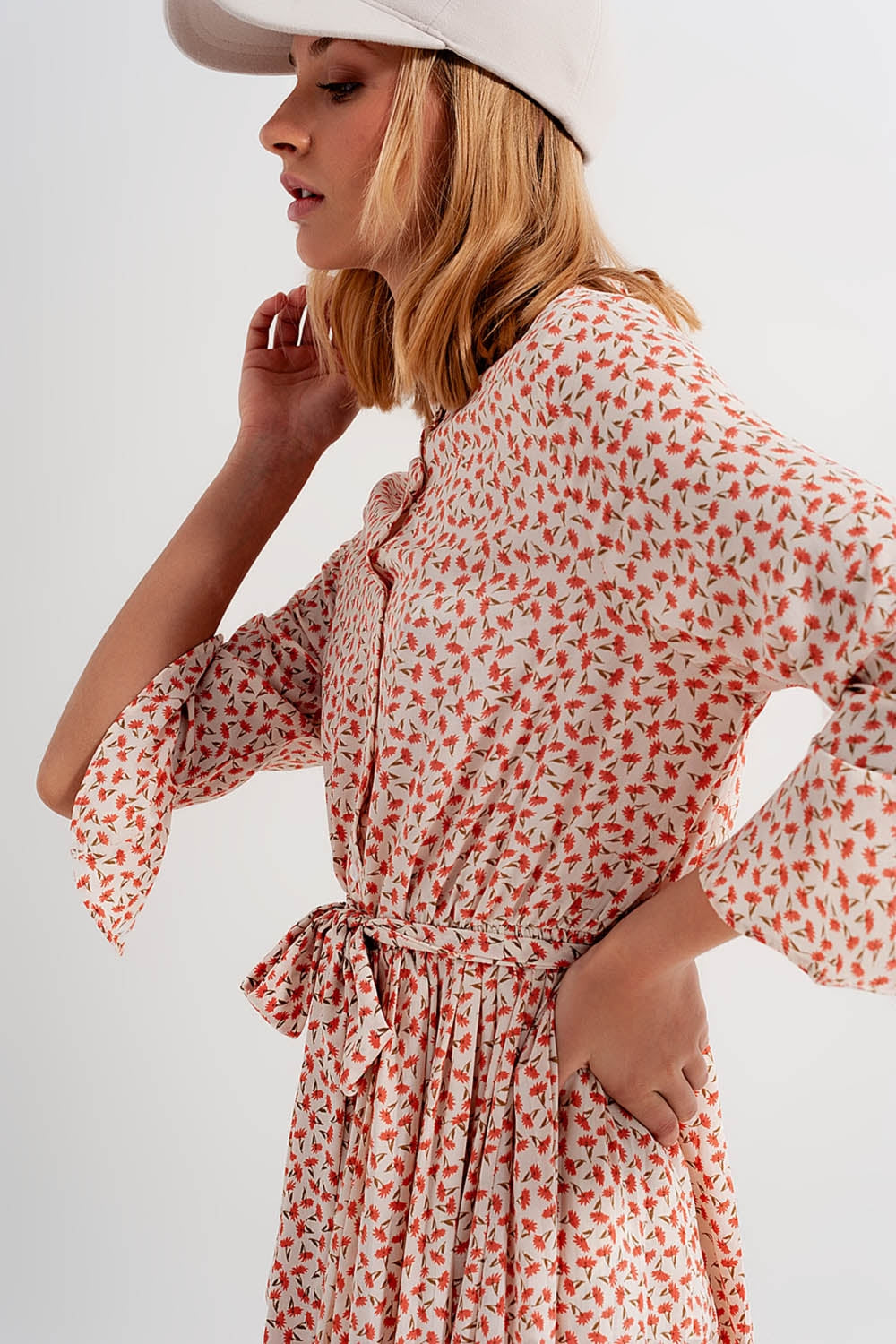 Abito midi con stampa floreale corallo collo alto e bottoni