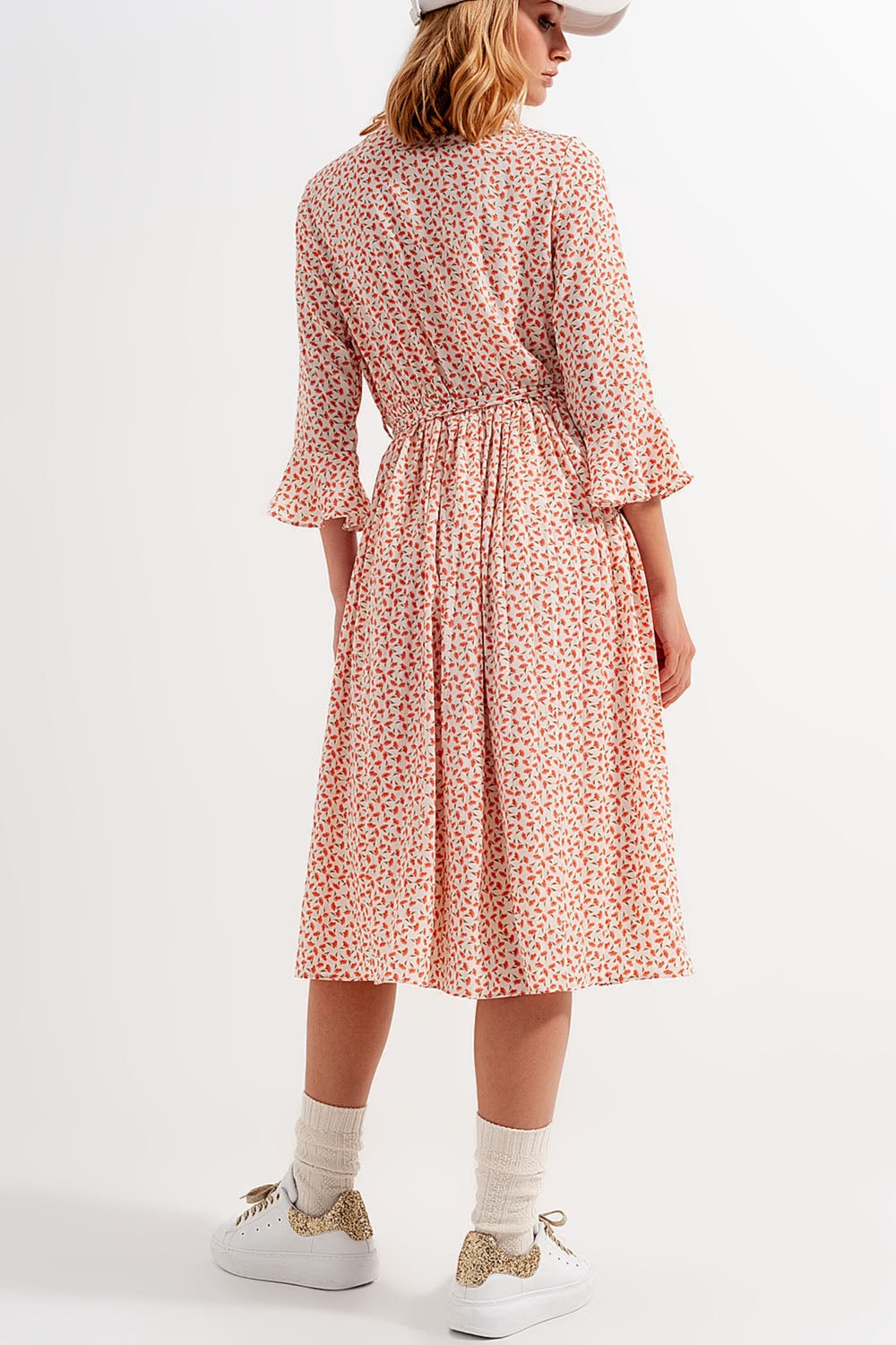 Abito midi con stampa floreale corallo collo alto e bottoni
