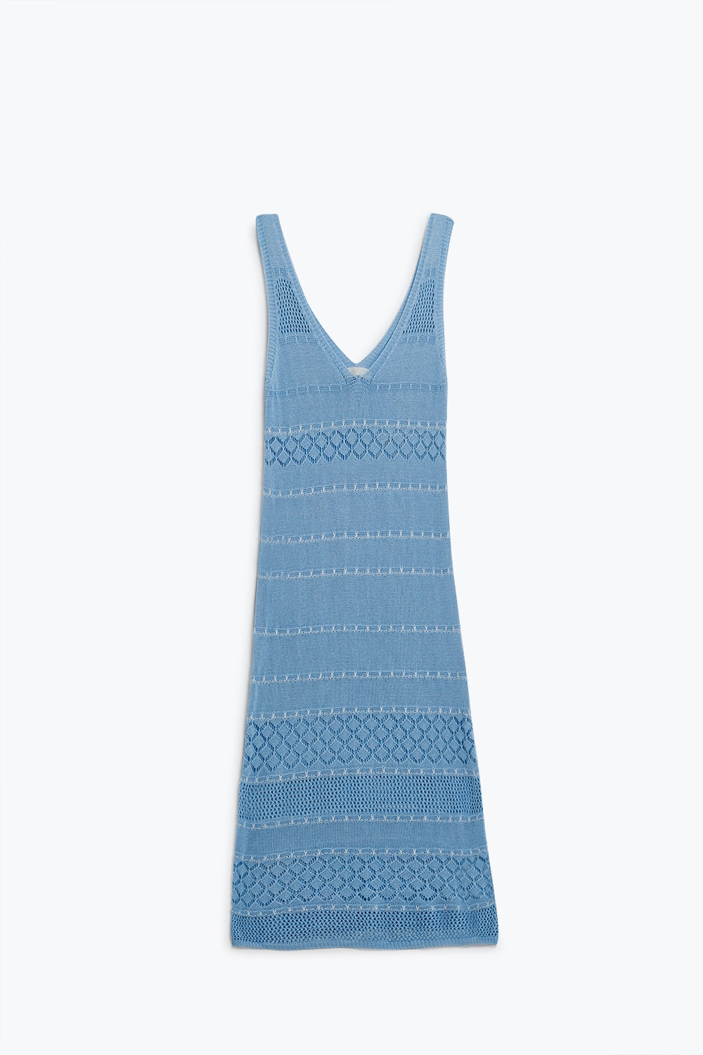 Abito midi senza maniche blu baby con scollo a V e design all'uncinetto