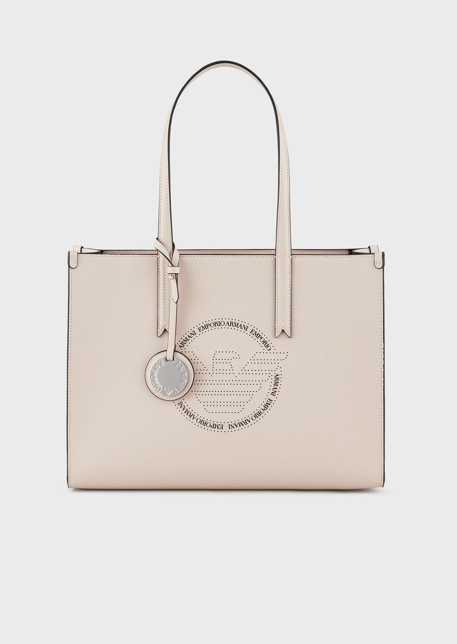 EMPORIO ARMANI Shopper crema con ciondolo e maxi logo traforato