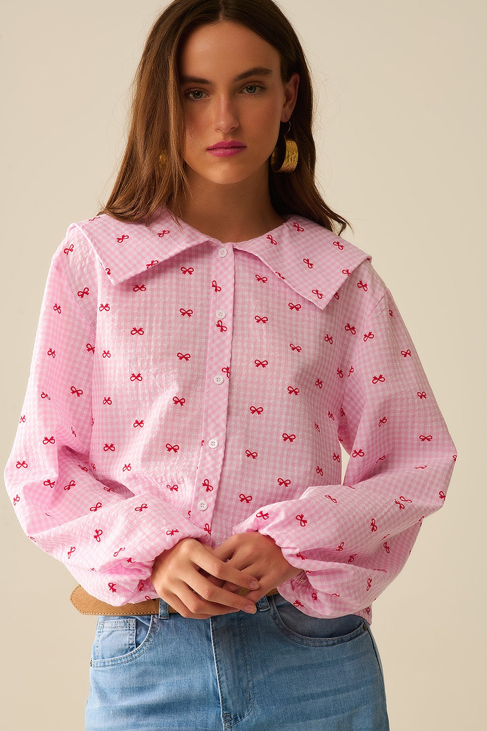 Blusa con Colletto Peter Pan Rosa con Stampa Fiocco