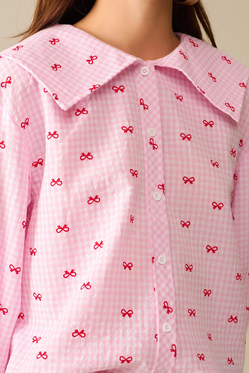 Blusa con Colletto Peter Pan Rosa con Stampa Fiocco