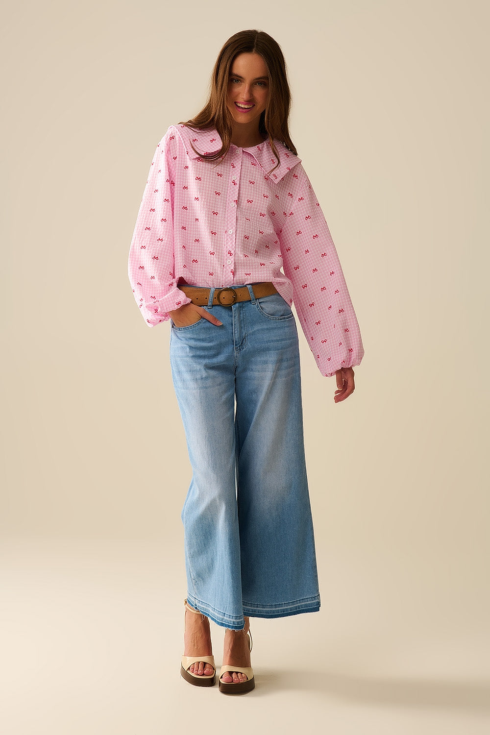 Blusa con Colletto Peter Pan Rosa con Stampa Fiocco