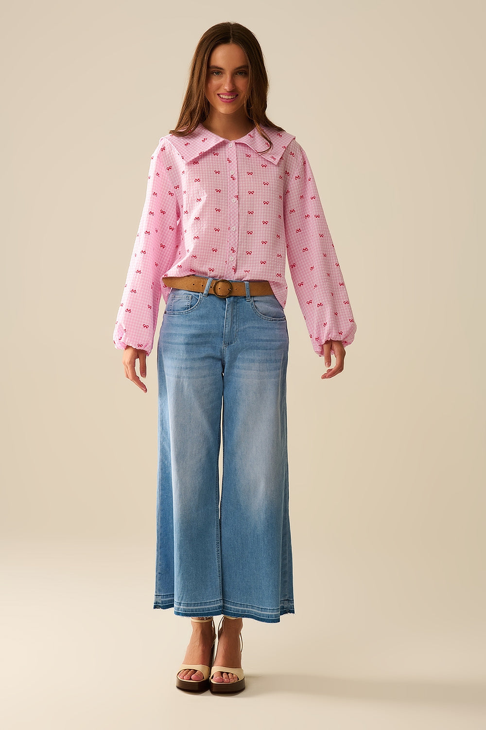 Blusa con Colletto Peter Pan Rosa con Stampa Fiocco