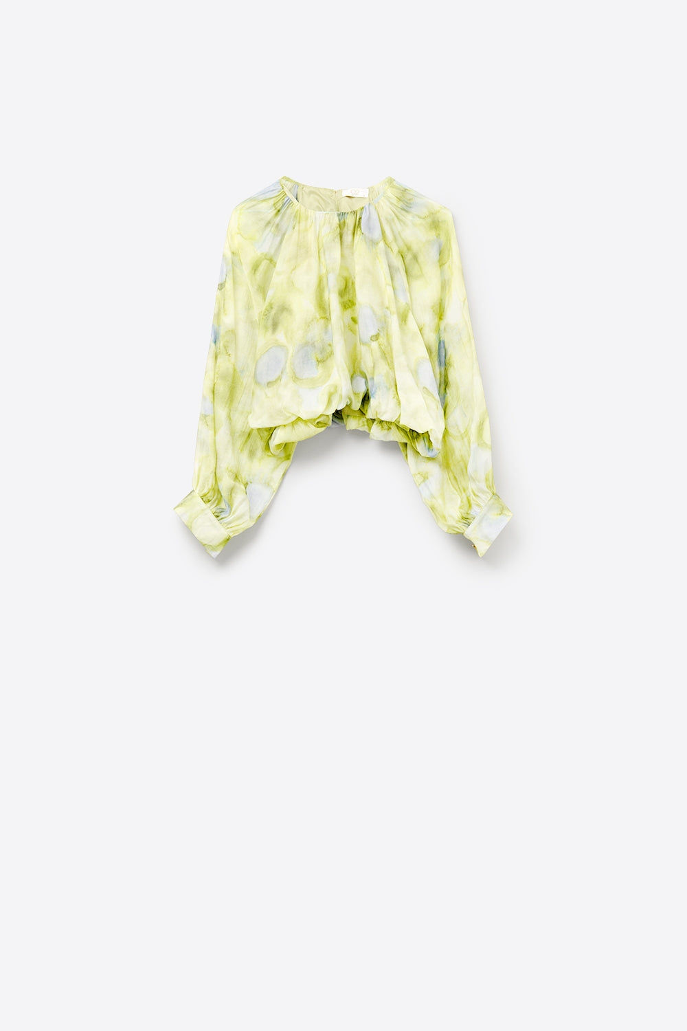 blusa di chiffon stampata verde con maniche a palloncino