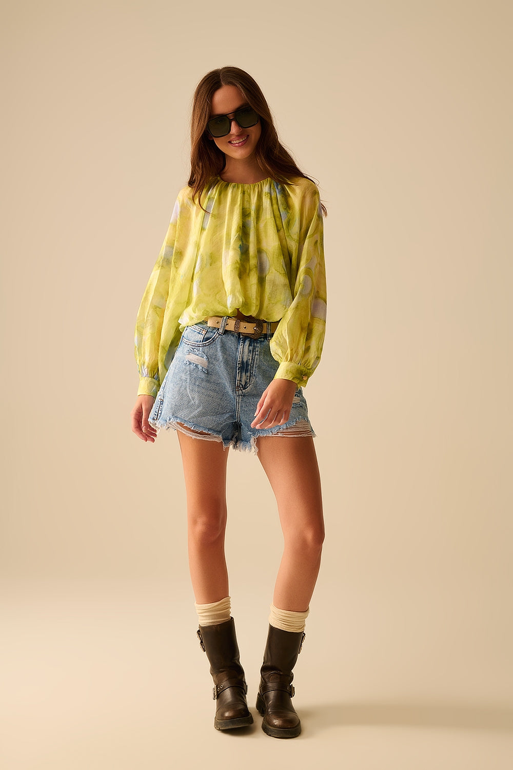 blusa di chiffon stampata verde con maniche a palloncino