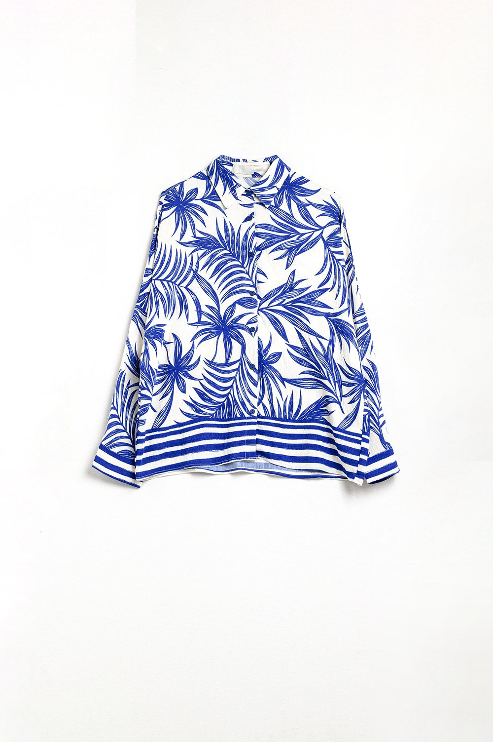 Blusa Rilassata con Motivo Tropicale in Blu e Bianco