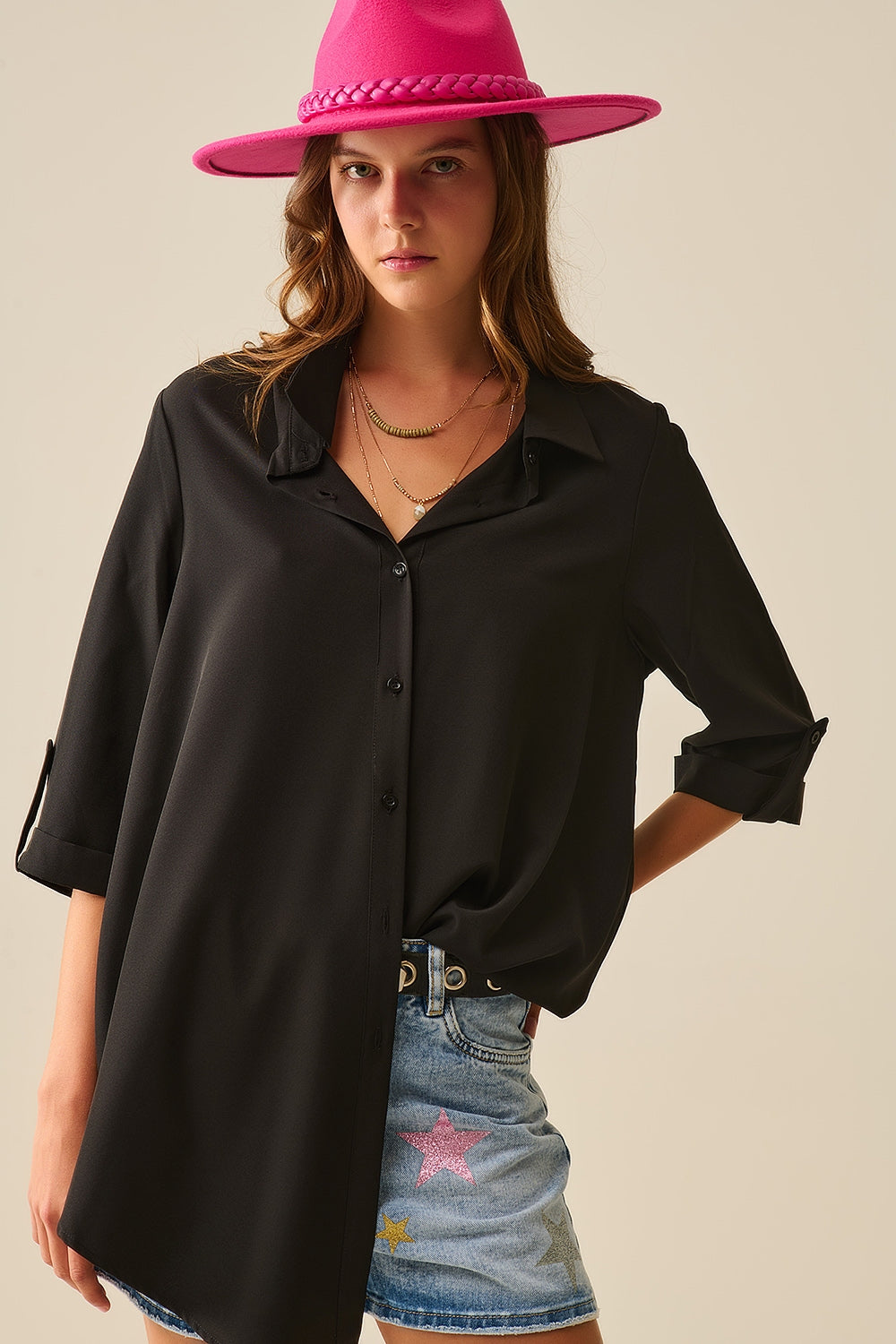 Q2 Camicia in tessuto molto morbido e leggero in nero