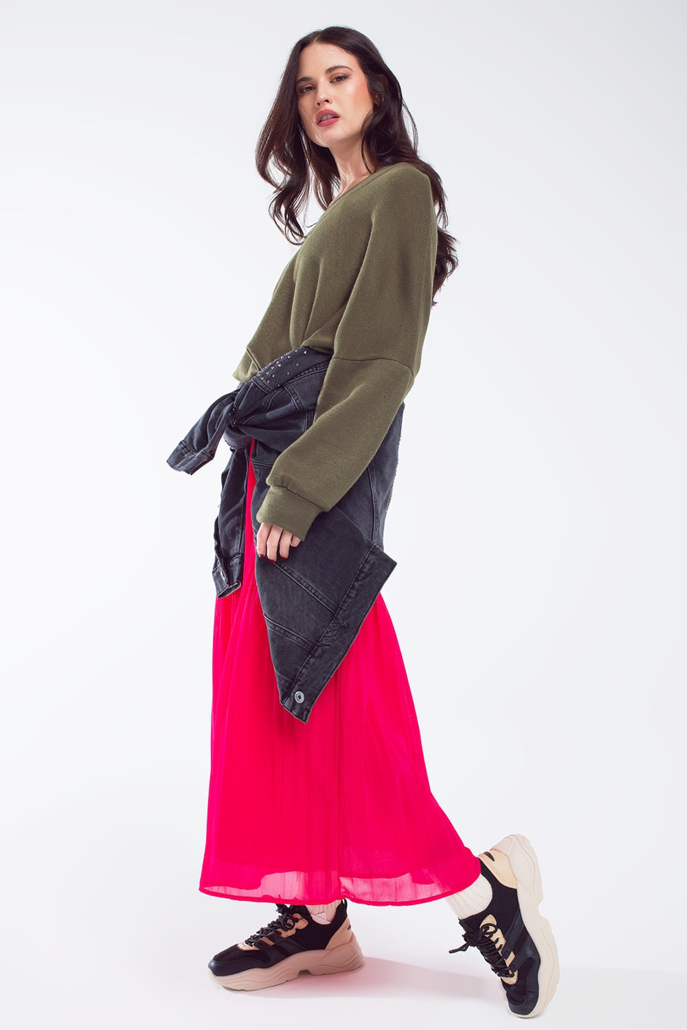 Felpa oversize verde oliva con scollatura a V