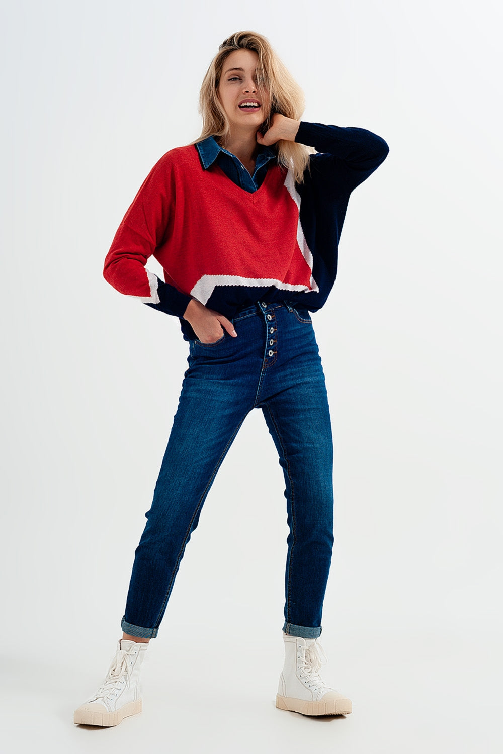 Jeans a vita alta blu con bottoni a vista