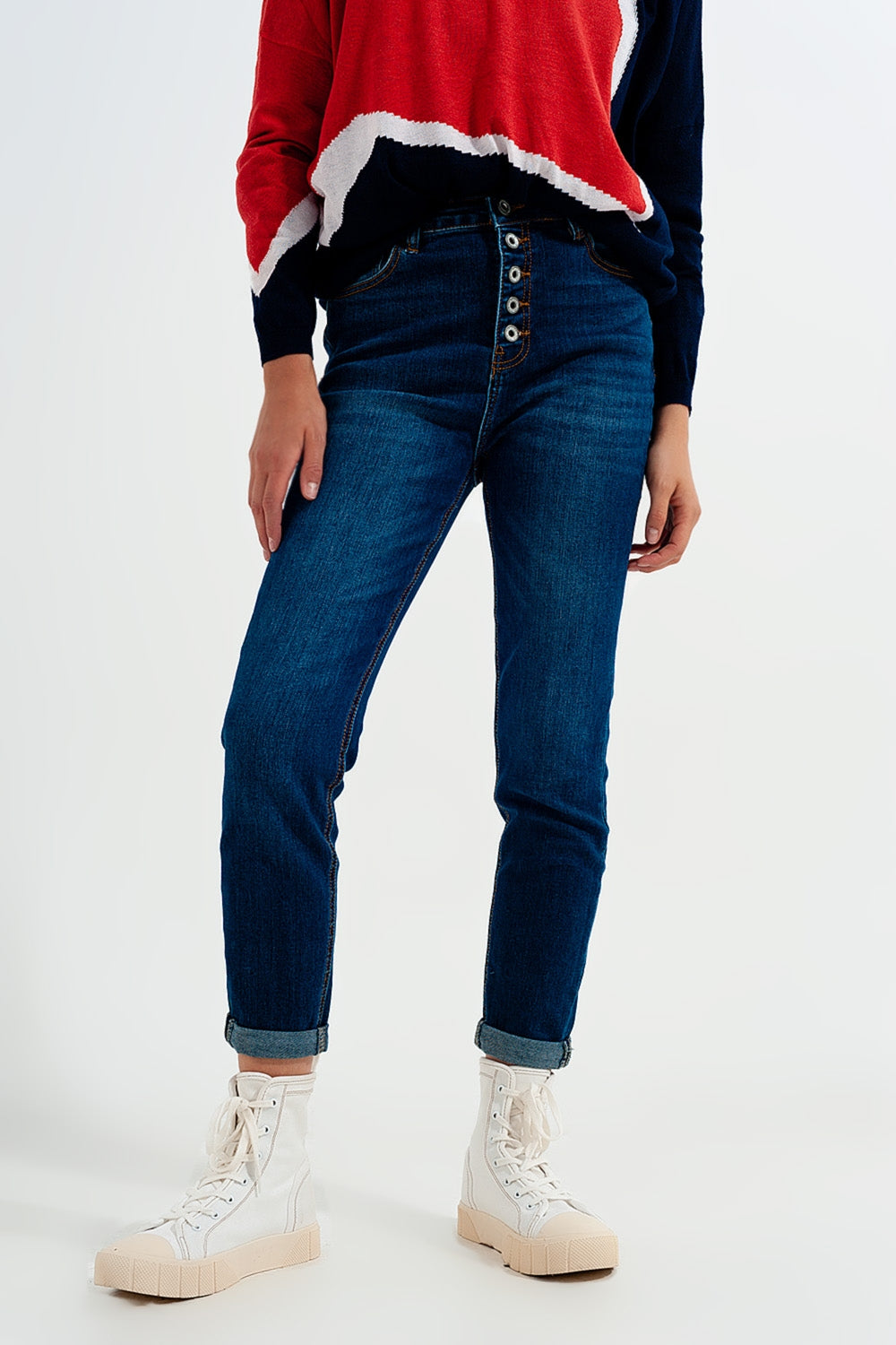 Jeans a vita alta blu con bottoni a vista
