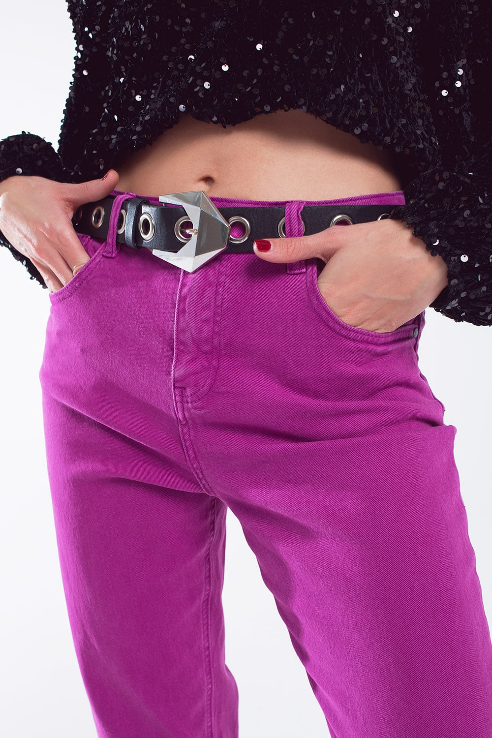 Jeans a vita media in cotone color magenta