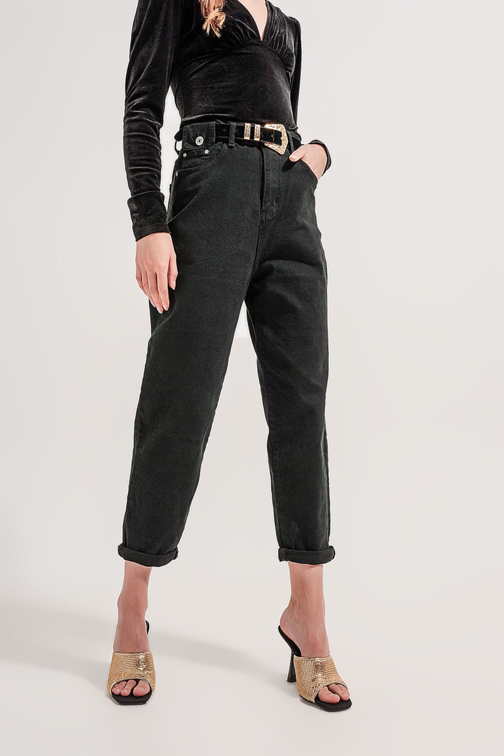 Q2 Jeans con taschino in vita nero