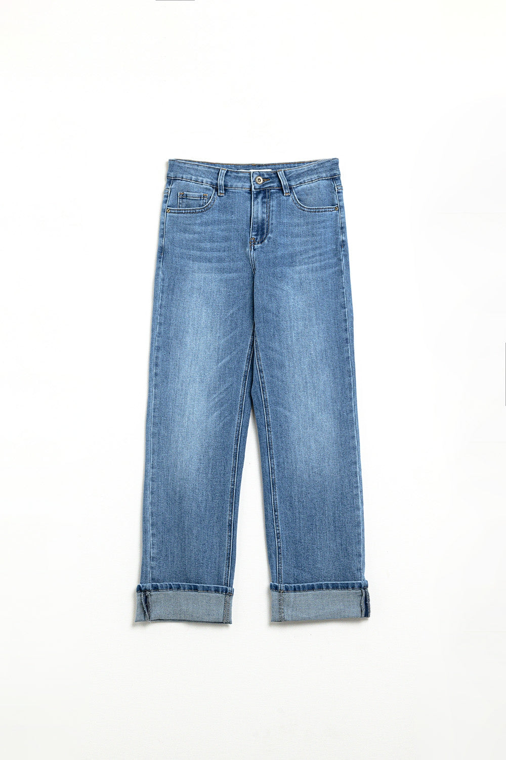 Jeans elasticizzati in denim con orlo dritto in lavaggio medio