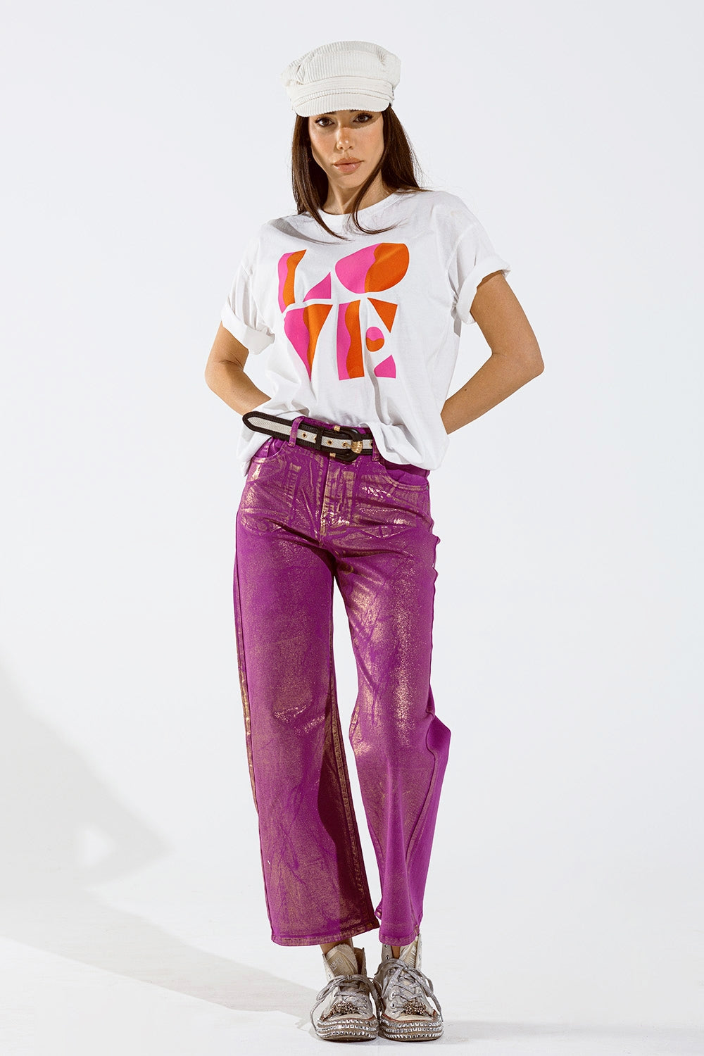 Jeans Magenta a gamba larga con finitura metallica in oro