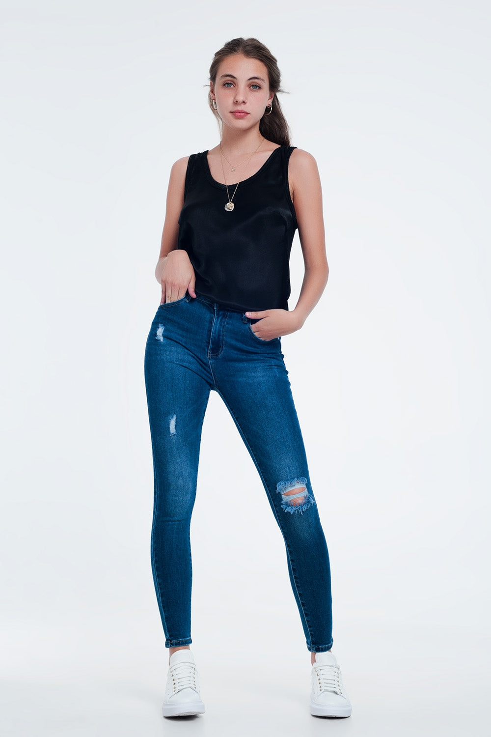 Jeans skinny blu medio con strappi