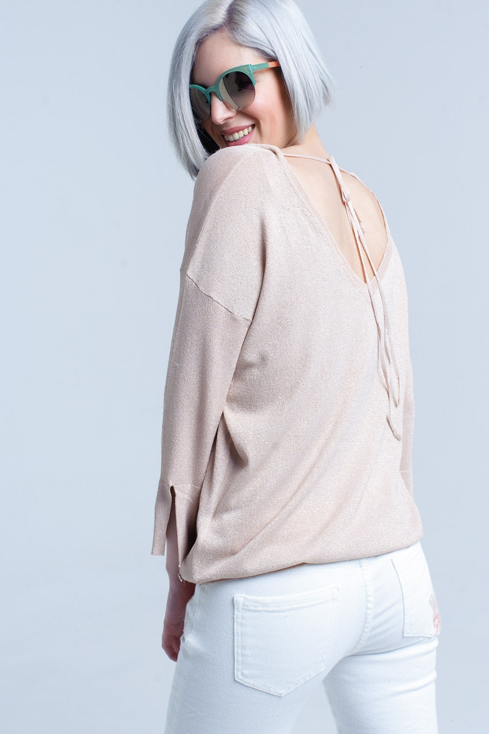 Maglia rosa con dettaglio in lurex oro