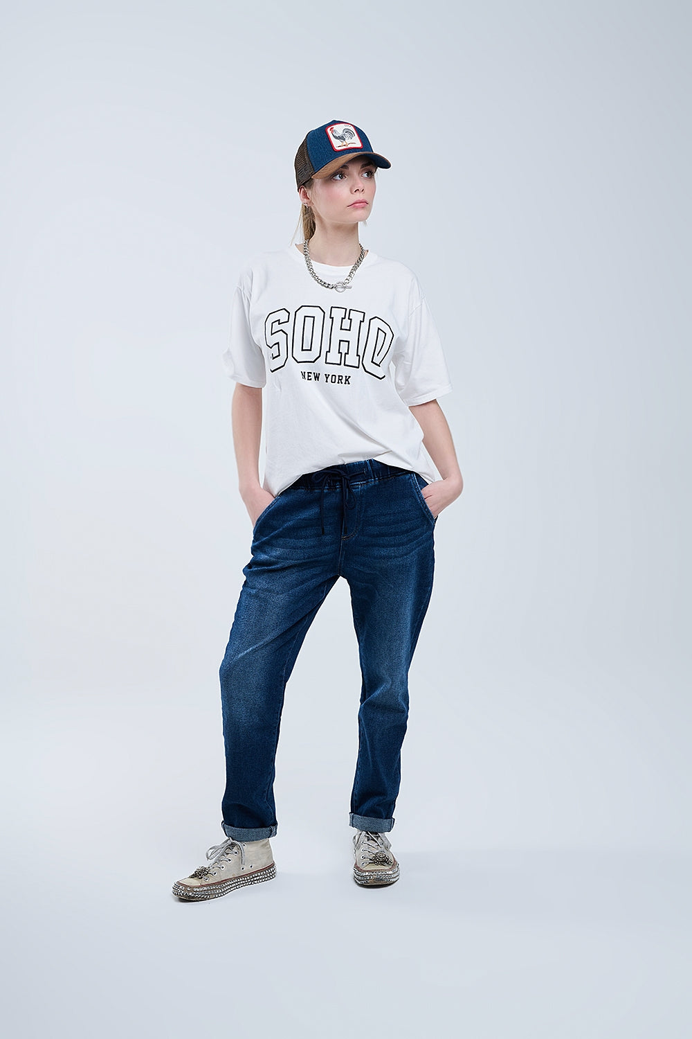 Maglietta bianca oversize con Soho New York sul davanti