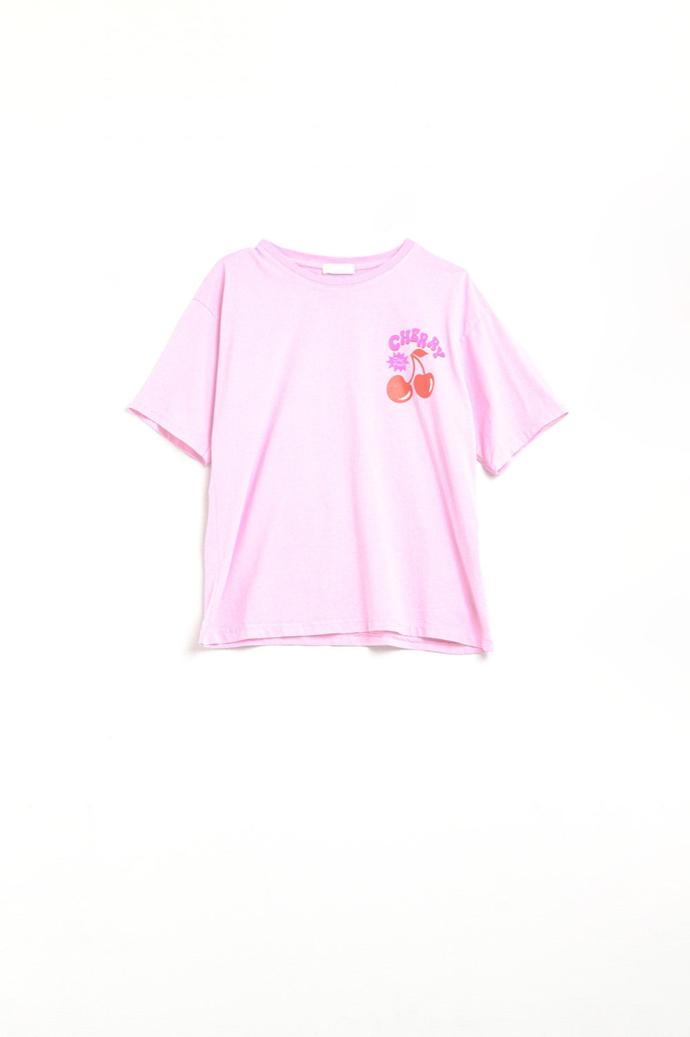 Q2 Maglietta rosa con logo e lettere di ciliegia