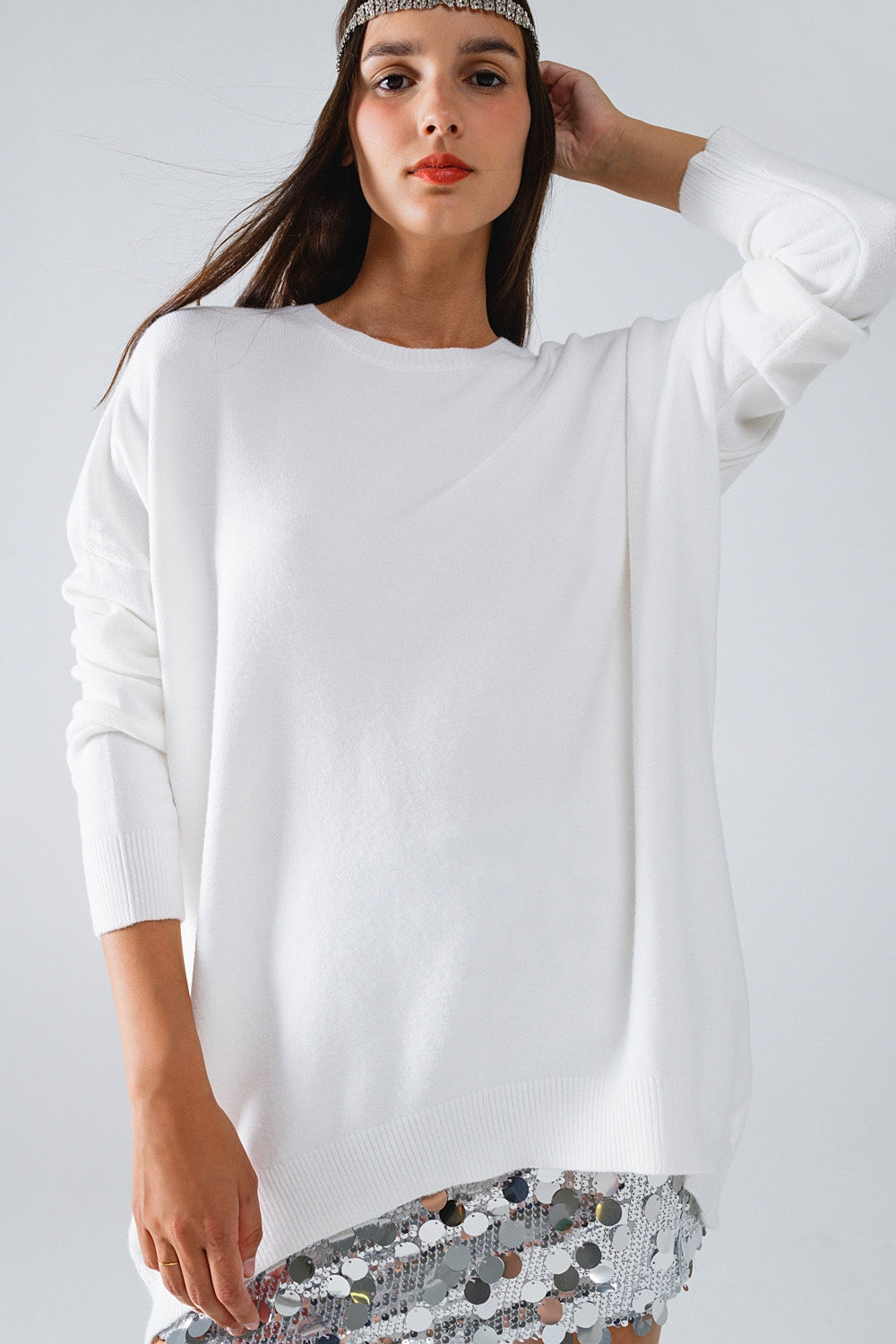 Maglione oversize girocollo a maniche lunghe in bianco