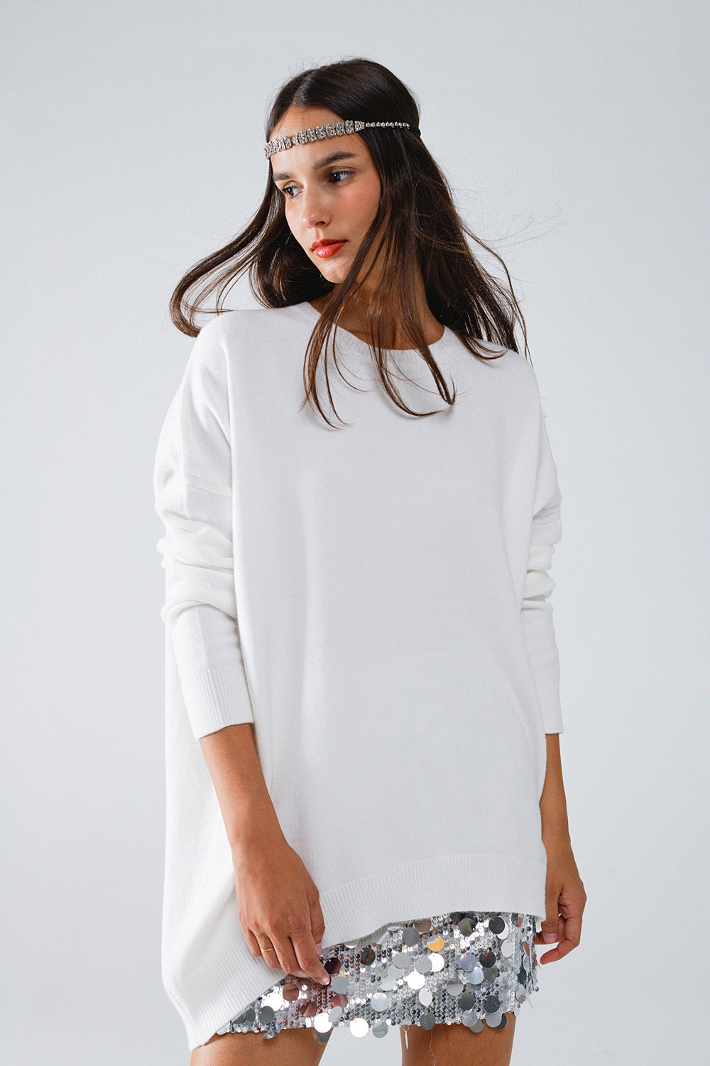 Maglione oversize girocollo a maniche lunghe in bianco