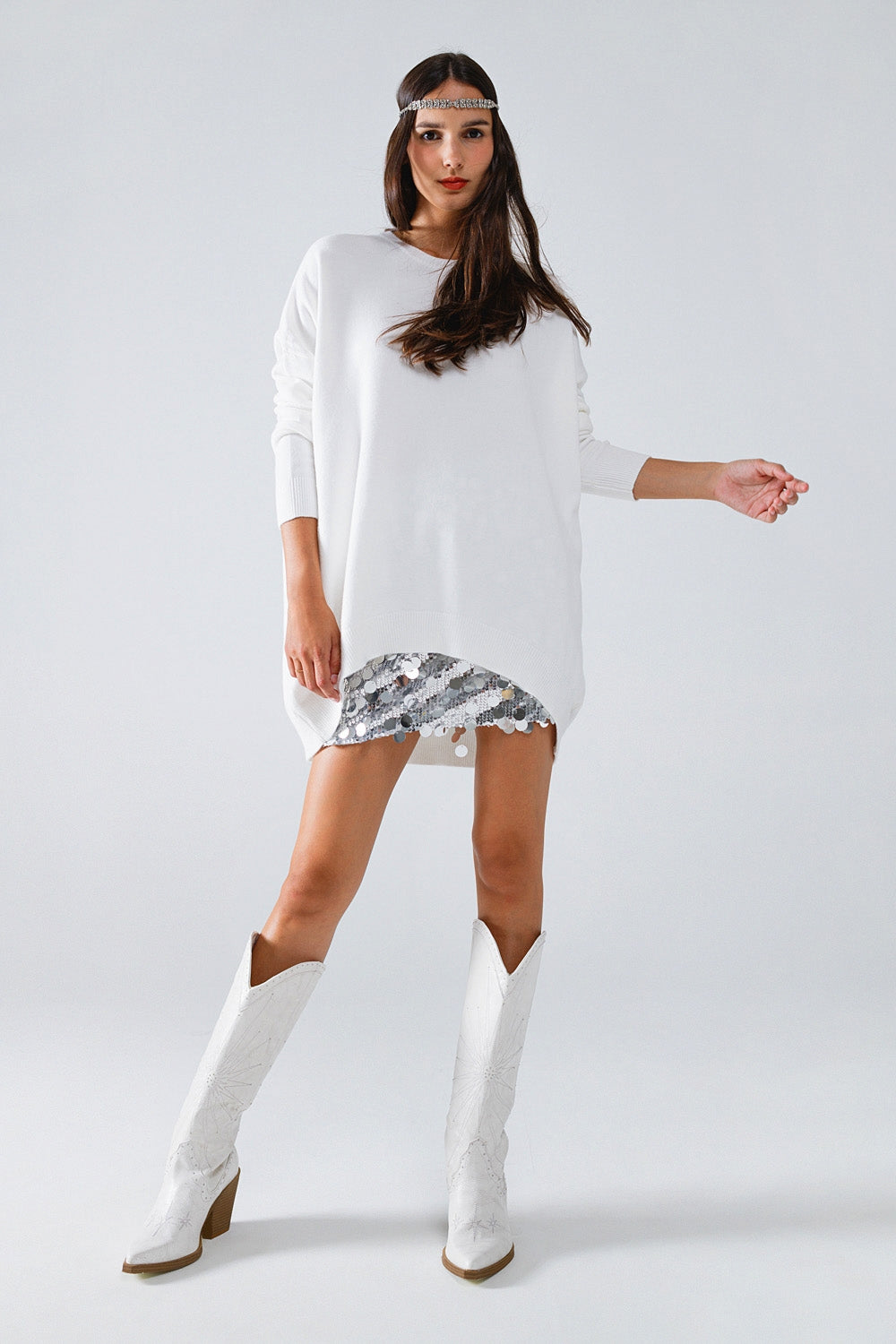 Maglione oversize girocollo a maniche lunghe in bianco