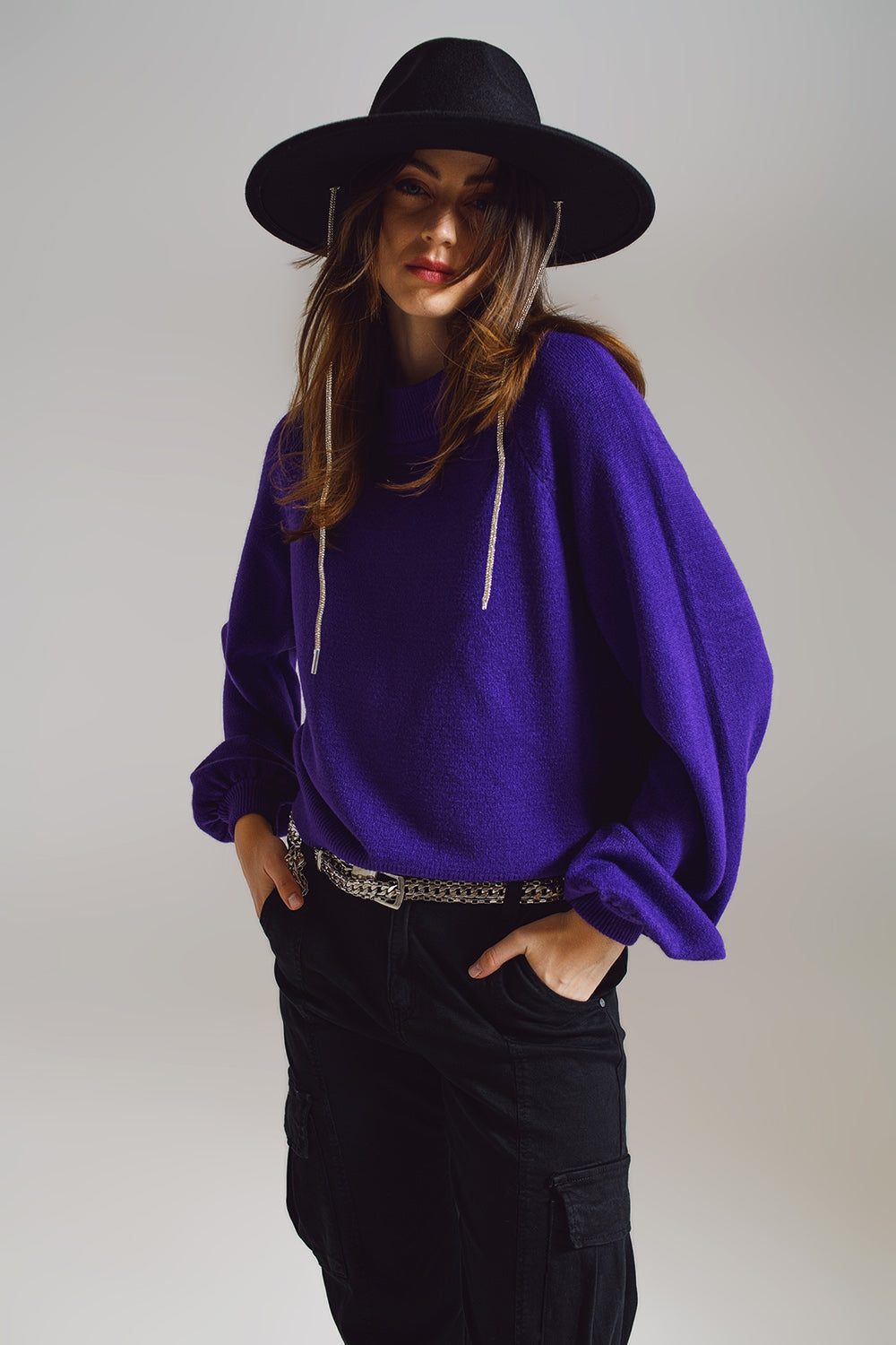 maglione viola dallo stile rilassato con maniche a palloncino