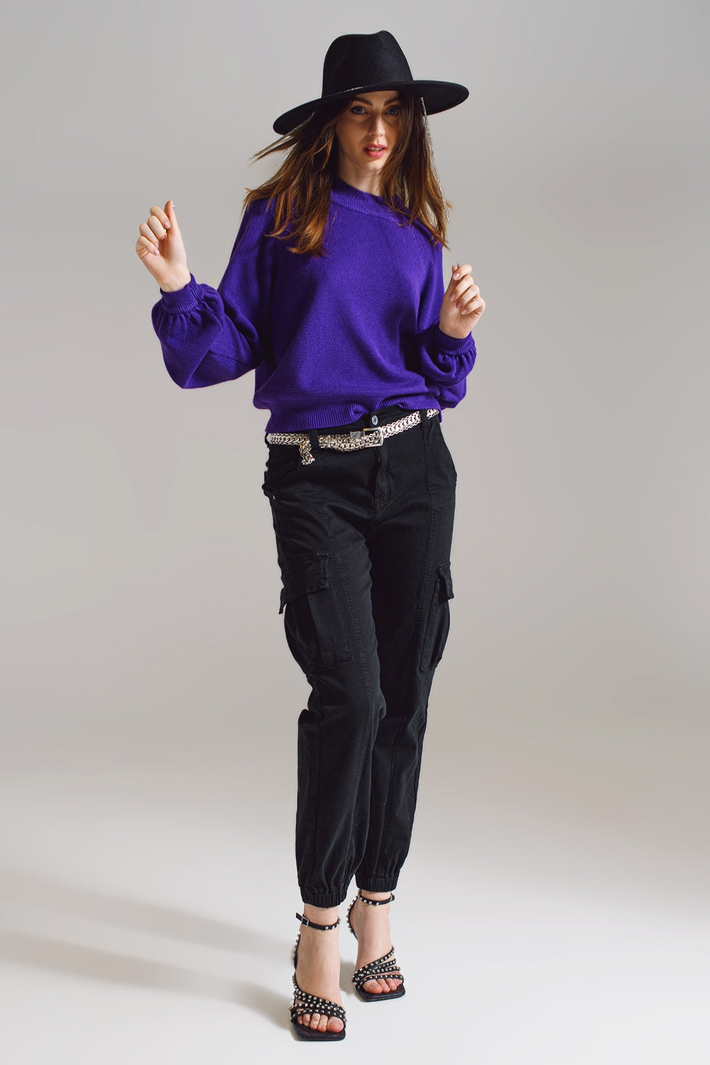 maglione viola dallo stile rilassato con maniche a palloncino