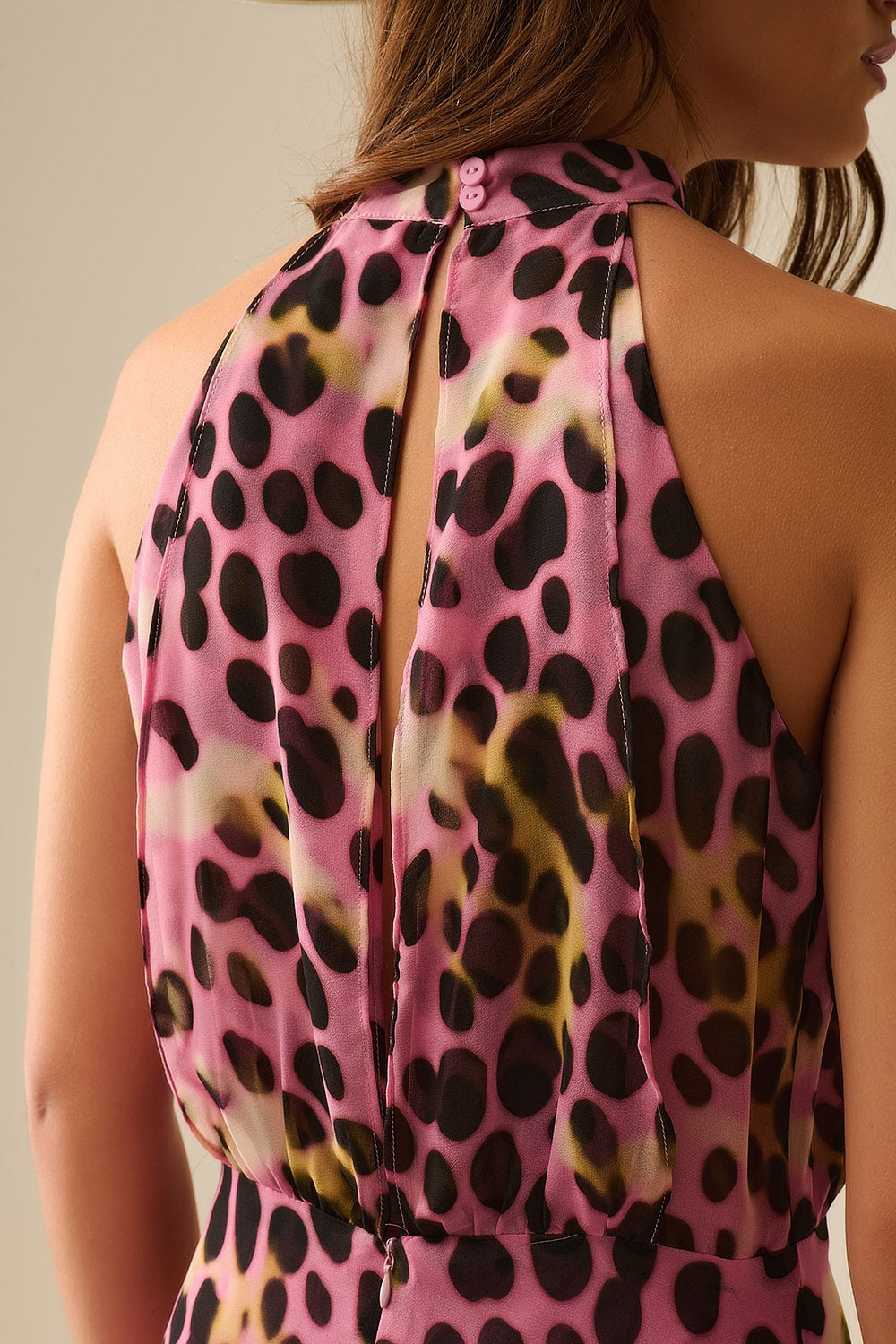 Vestito midi con collo incrociato con stampa animalier rosa e nera